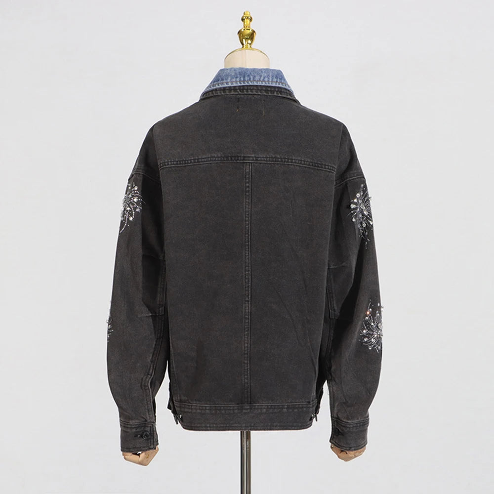 TWOTWINSTYLE Hit Color Cowboy Spliced Printing Jackets for Women Lapel Long Sleeves Patchwork Single Breasted Jacket Female New