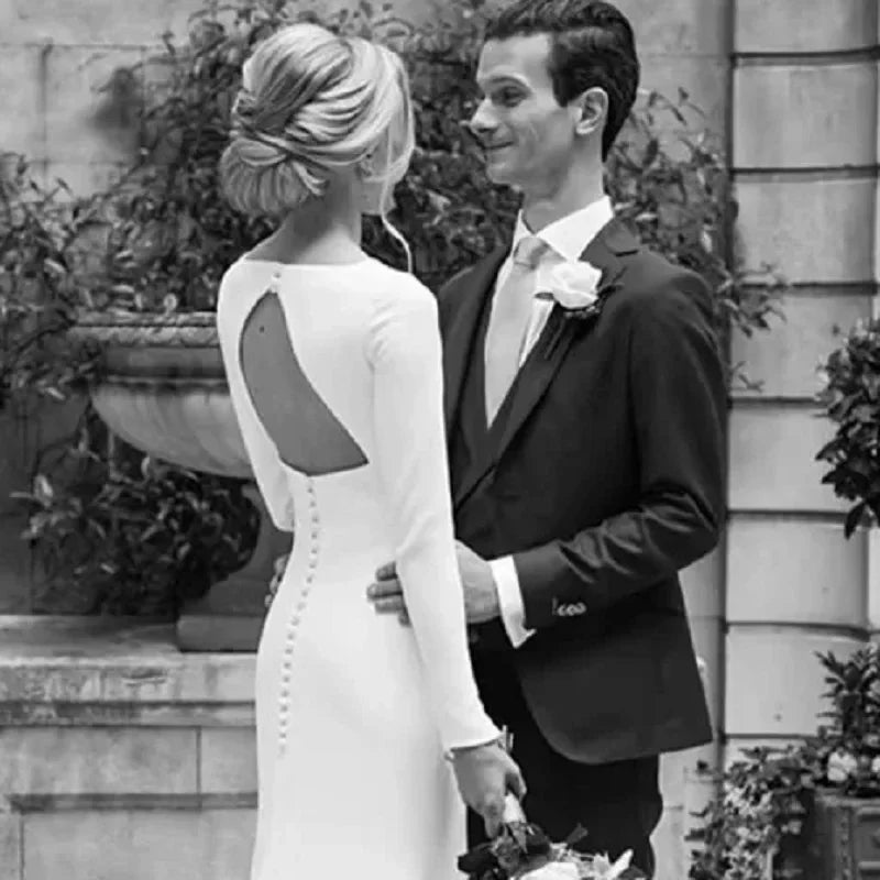 Crepe Simple Sheath Wedding Dresses Long Sleeve Elegant Bridal Dress Open Back B Customize To Measures Robe De Mariee