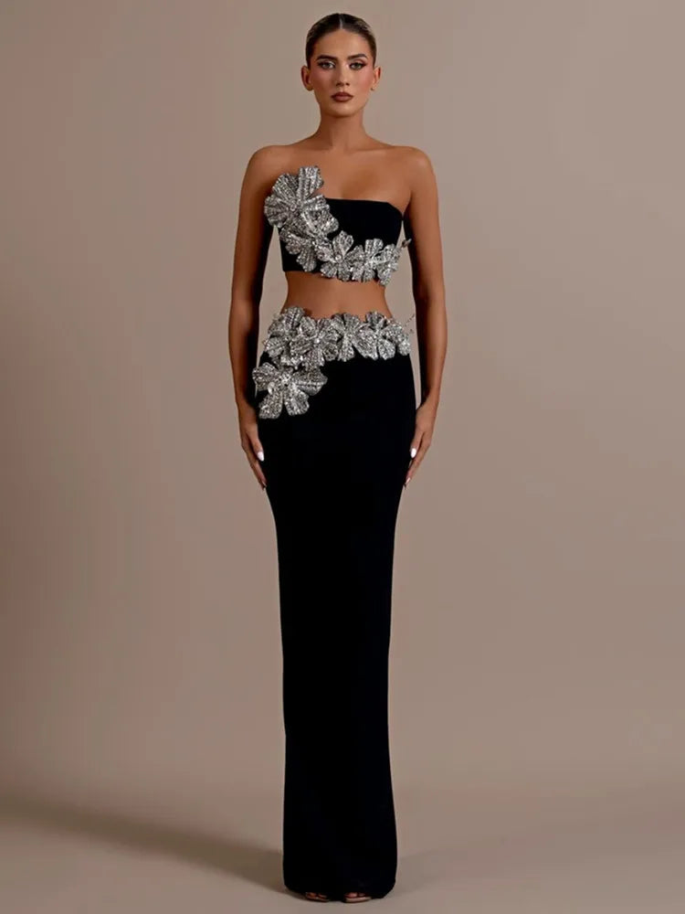 Women Sexy Strapless Flower Diamonds Crystal Black Maxi Long Bandage Skirt Set Knitted Elegant Evening Club Party Clothing