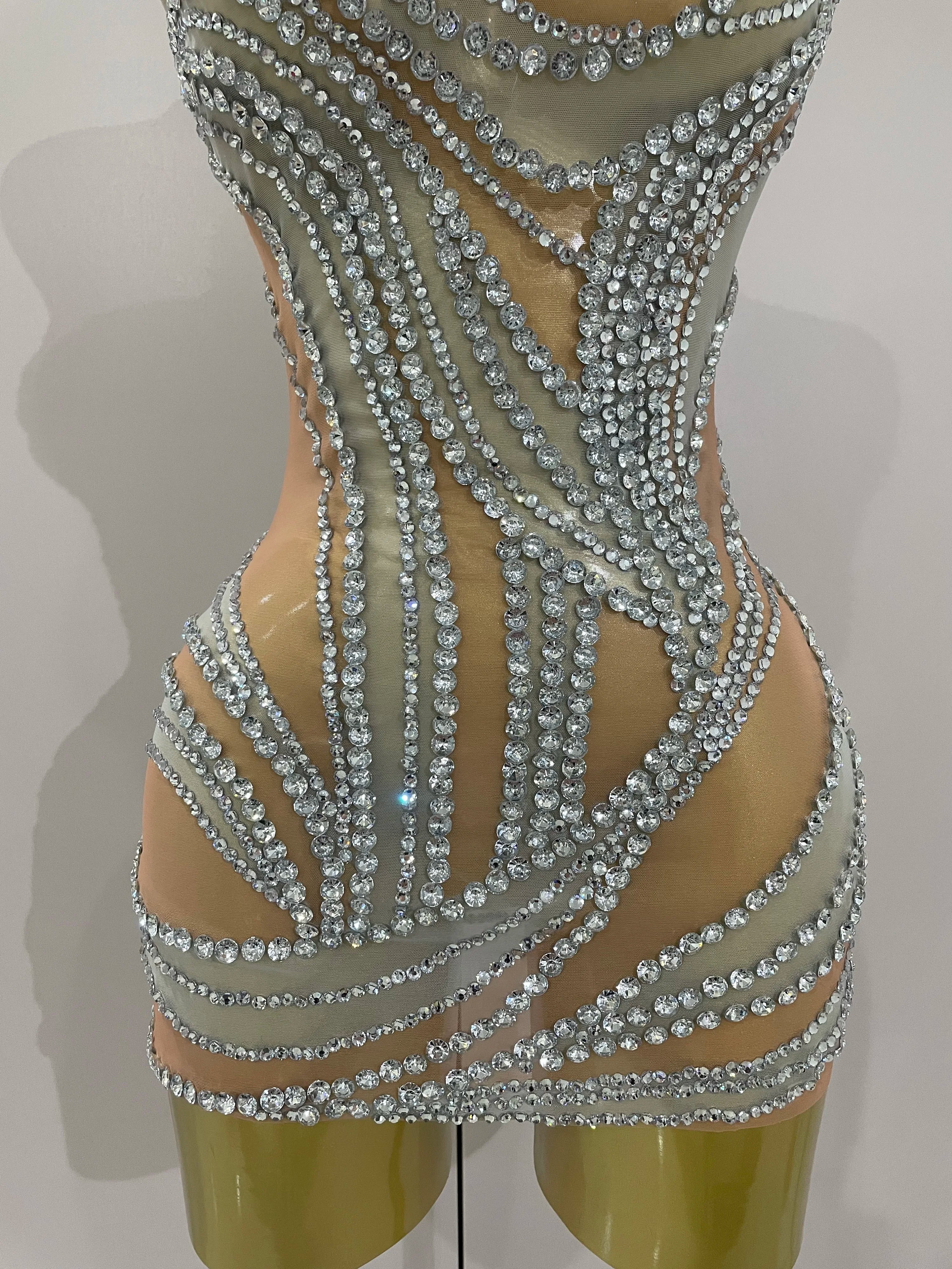 Luxury Sparkly Crystals See Through Mini Dress 2025Women Celebrate Birthday Party Gowns Singer Performance Stretch Stage Costume