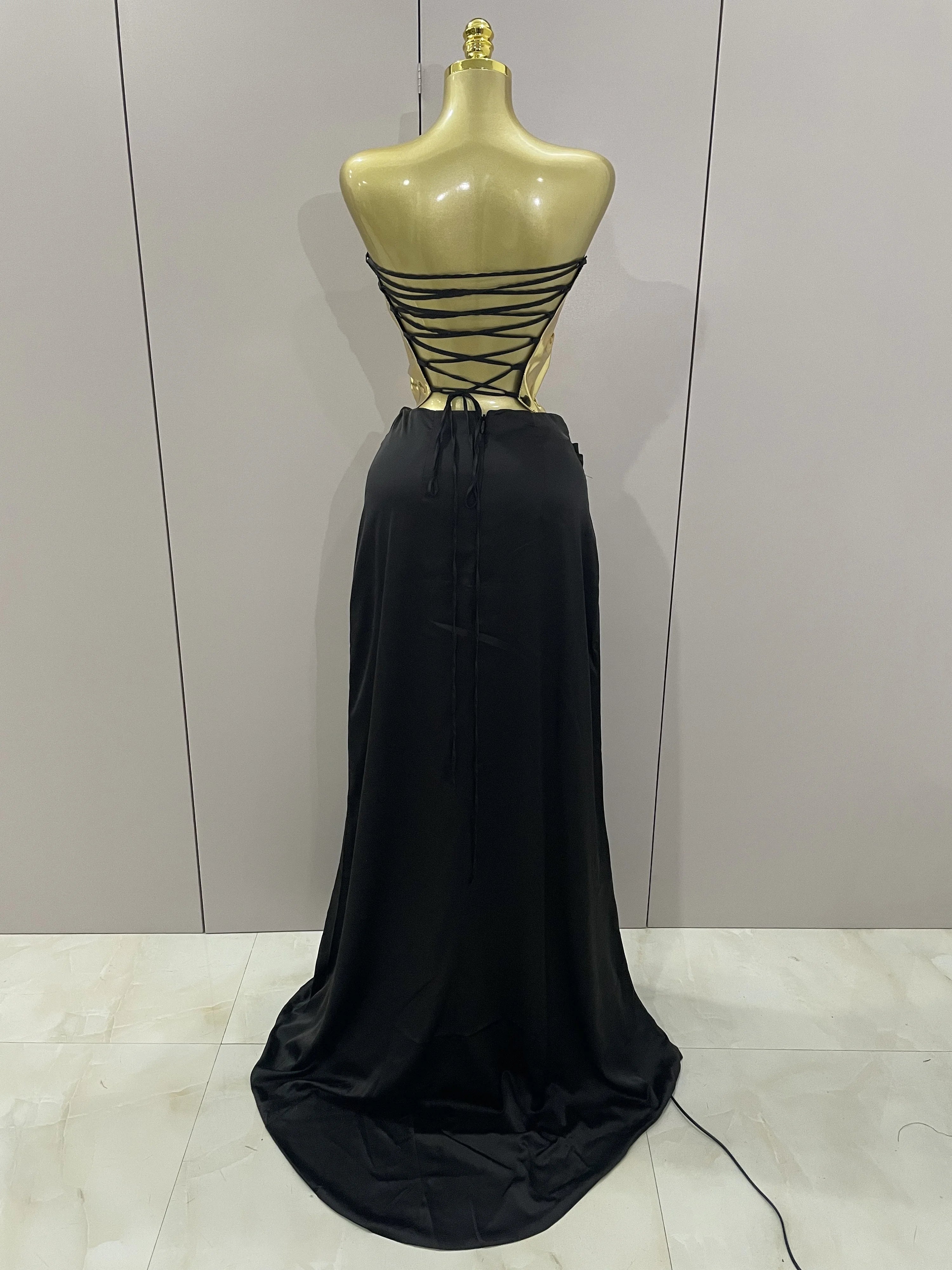 2025 New Arrival Gold Color Sexy Laced-up Tops 2 Pieces Set Long Dress Women Celebrate Evening Party Celebrity Elegant Dress
