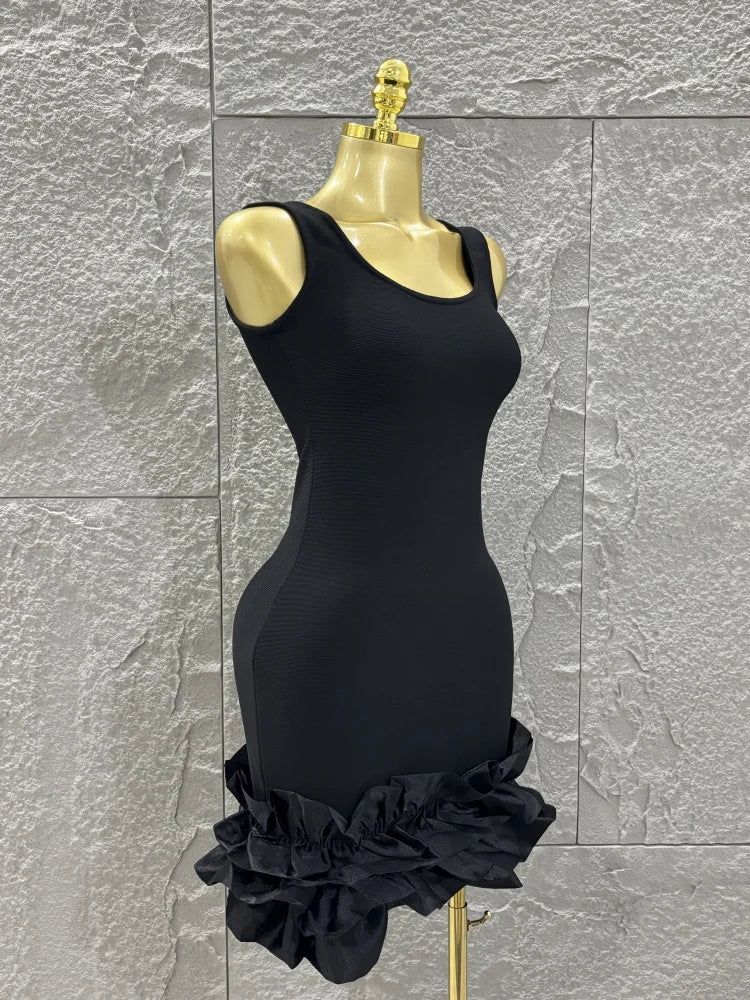 High Quality Women Sleeveless Sexy O-Neck Ruffles Bodycon Mini Bandage Dress Celebrate Nightclub Party Bar Singer Outfit