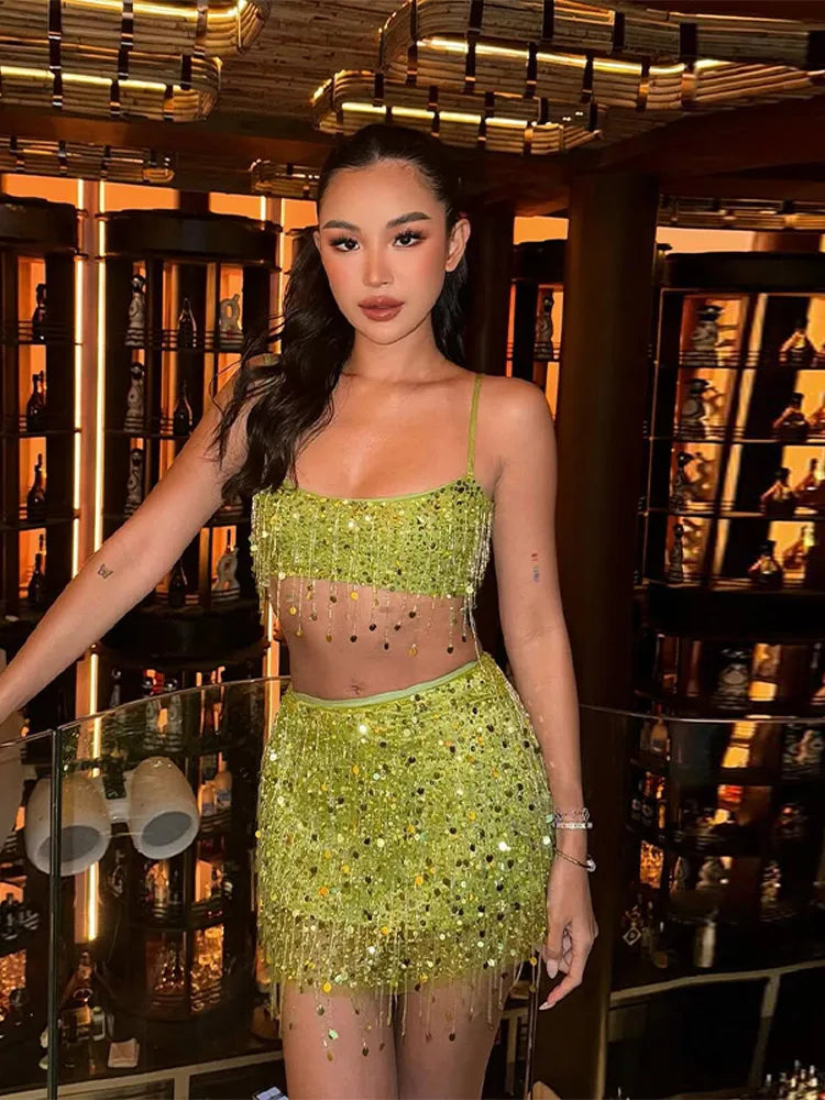 Y2K Tassel Sequin Mini Skirt Sets Women Crop Backless Sling Vest Short Hip Package A-line Skirts 2025 Summer Party Club Outfits