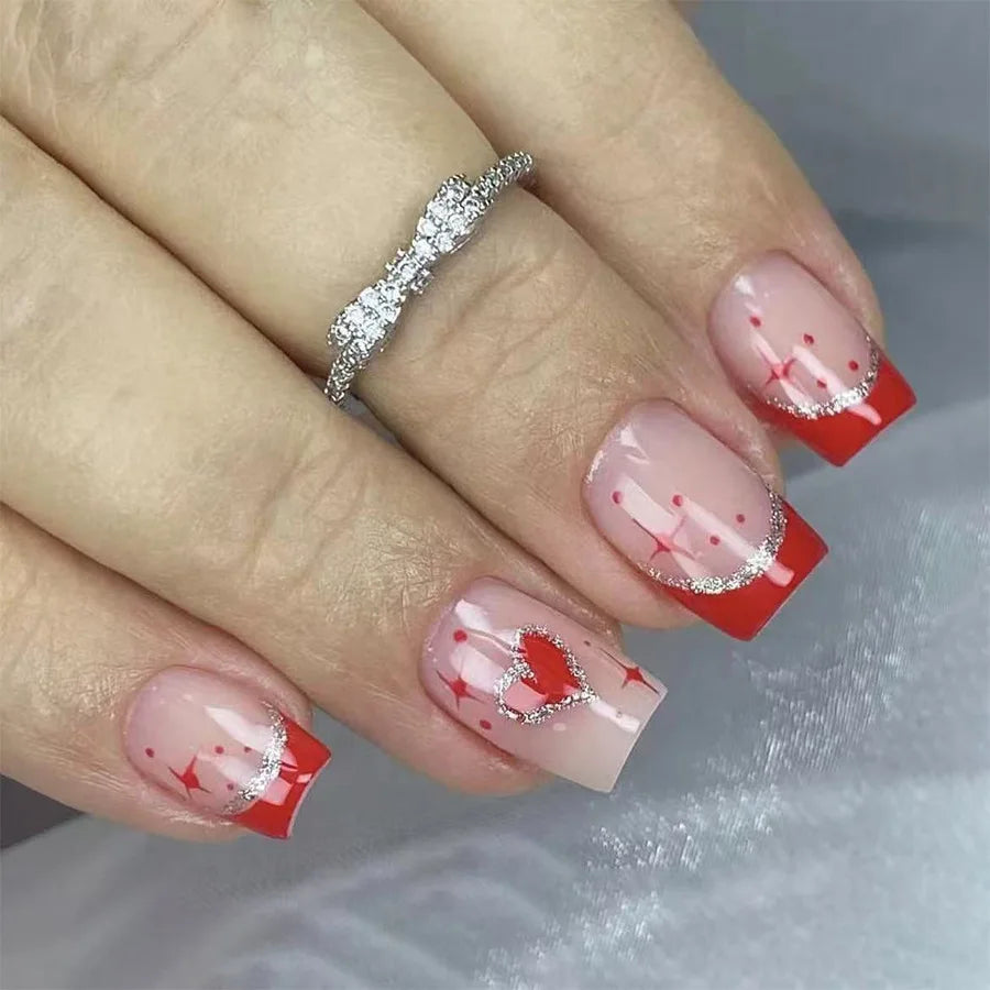 24Pcs Short Glitter False Nails Black Red Sweet Cool Press on Nails Love Valentine Wearing Nail Art Full Cover French Fake Nail