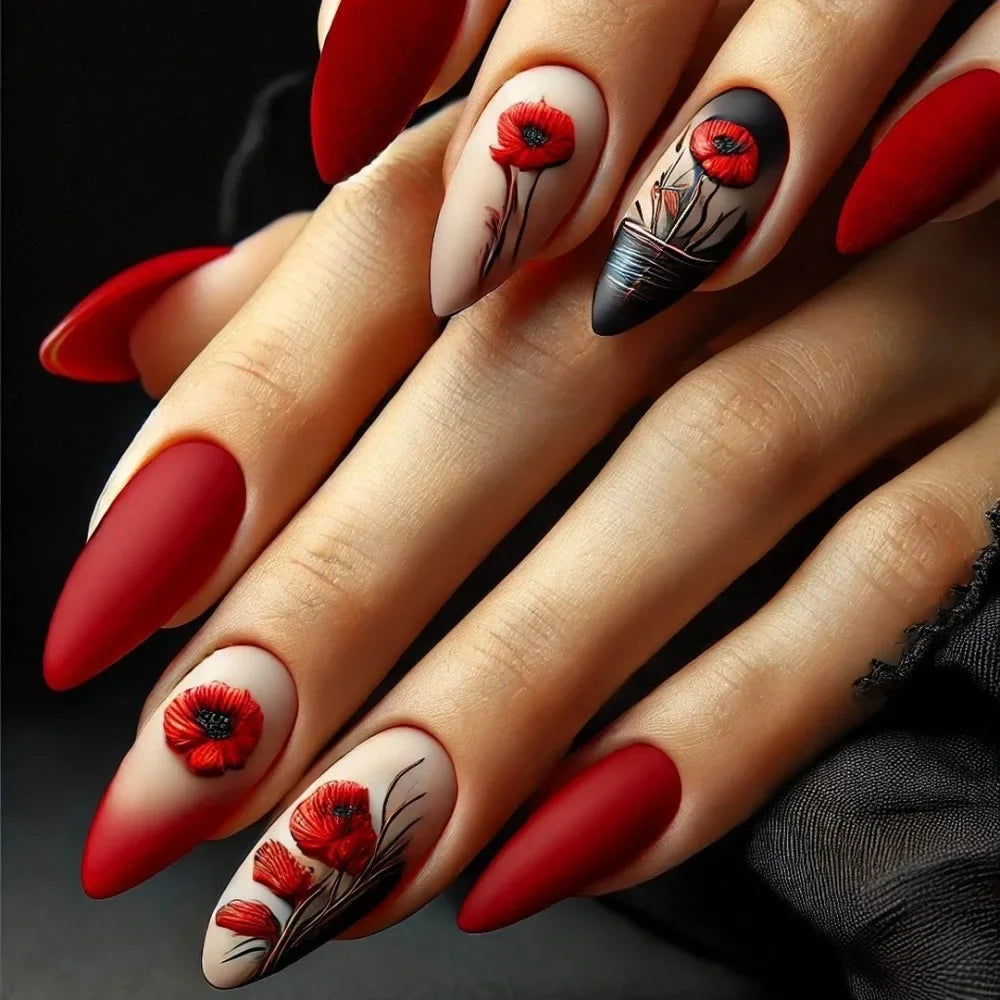 24Pcs Autumn Winter Matte Almond False Nails with Glue Rose Leaf Printing Nail Art Simple Full Cover Press on Acrylic Nails Tips