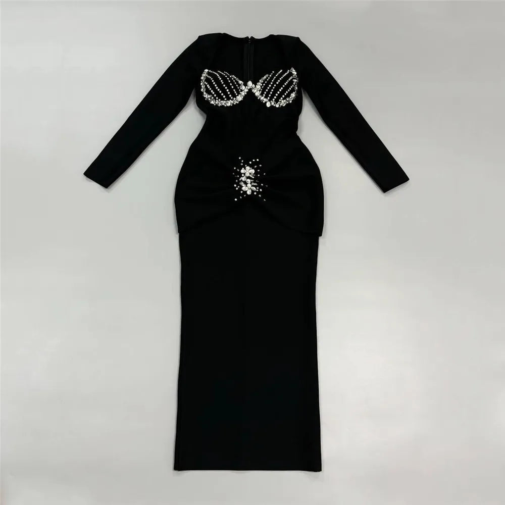 Top Quality Women Long Sleeve Sexy Square Collar Shinning Diamond Bodycon Long Bandage Dress Elegant Evening Party Cocktail Wear