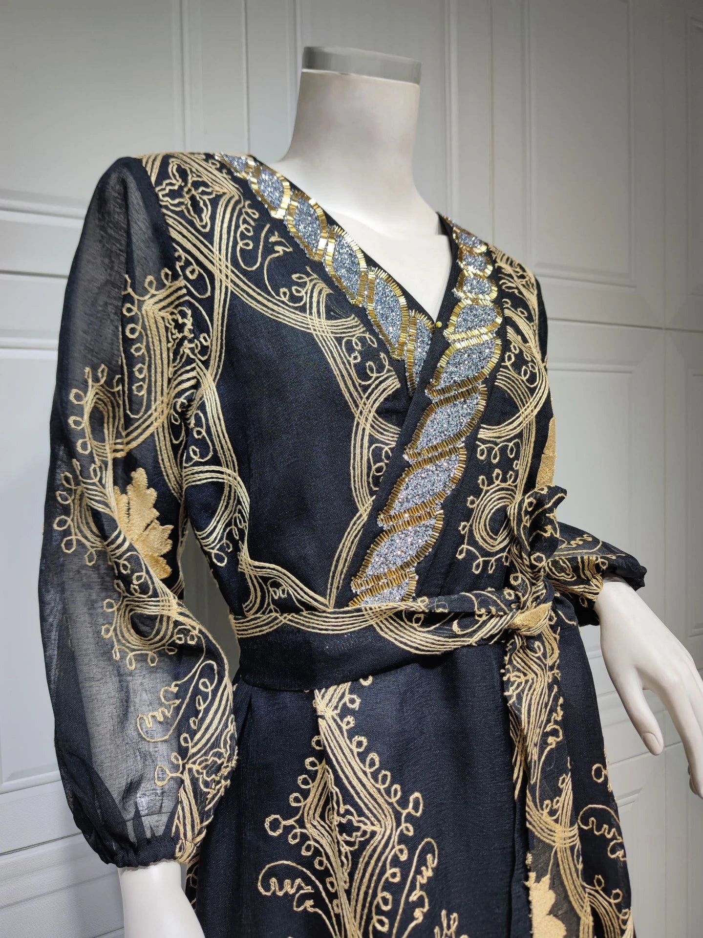 Costumes arabes pour femmes, mode Chic, maille brodée, manches longues, col en v, vêtements ceinturés, robe de soirée élégante pour femmes musulmanes