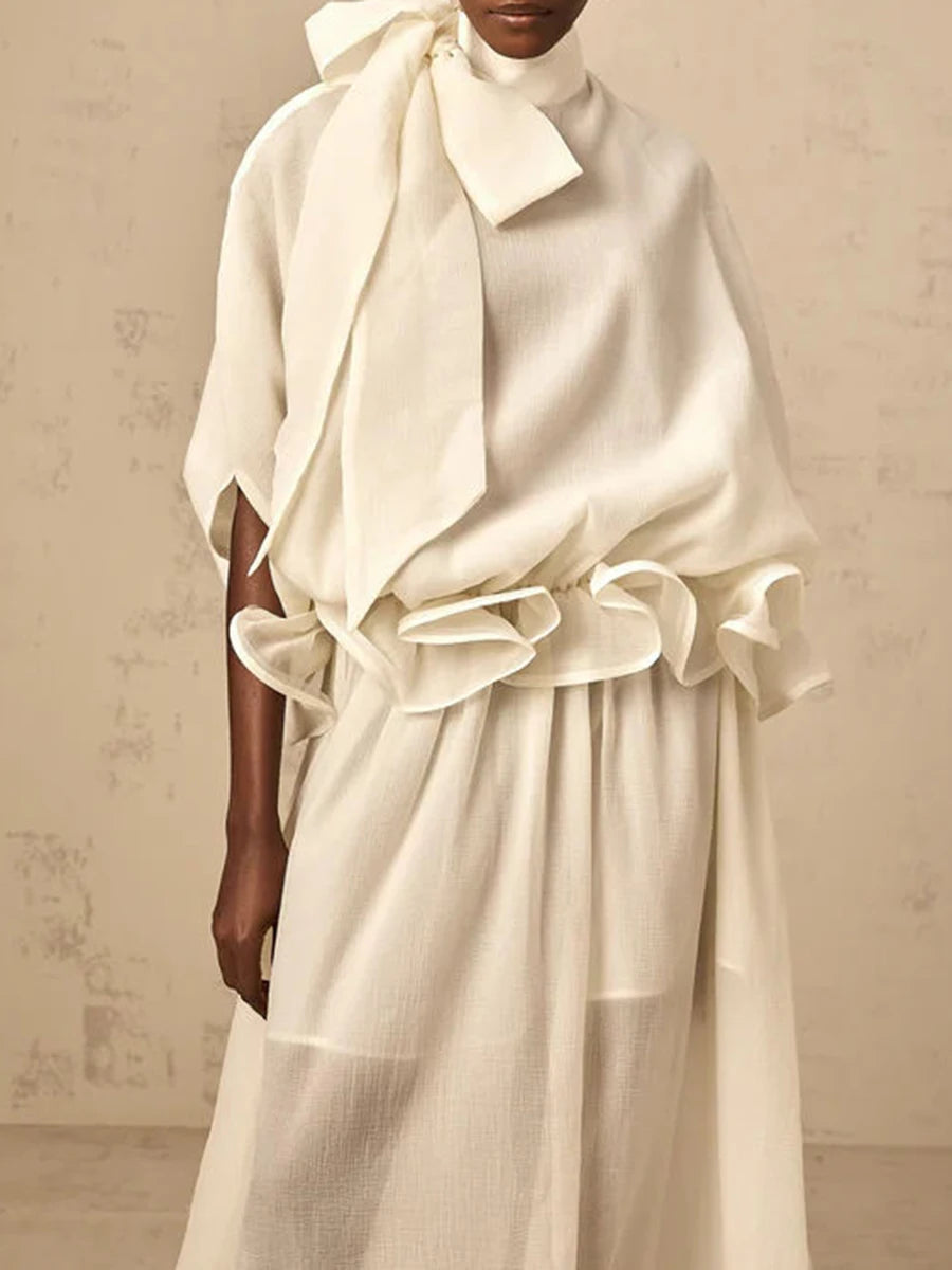 TWOTWINSTYLE Solid Loose Spliced Bow Tunic Dresses for Women Half High Neck Short Sleeves Patchwork Ruffles Dress Female Clothes