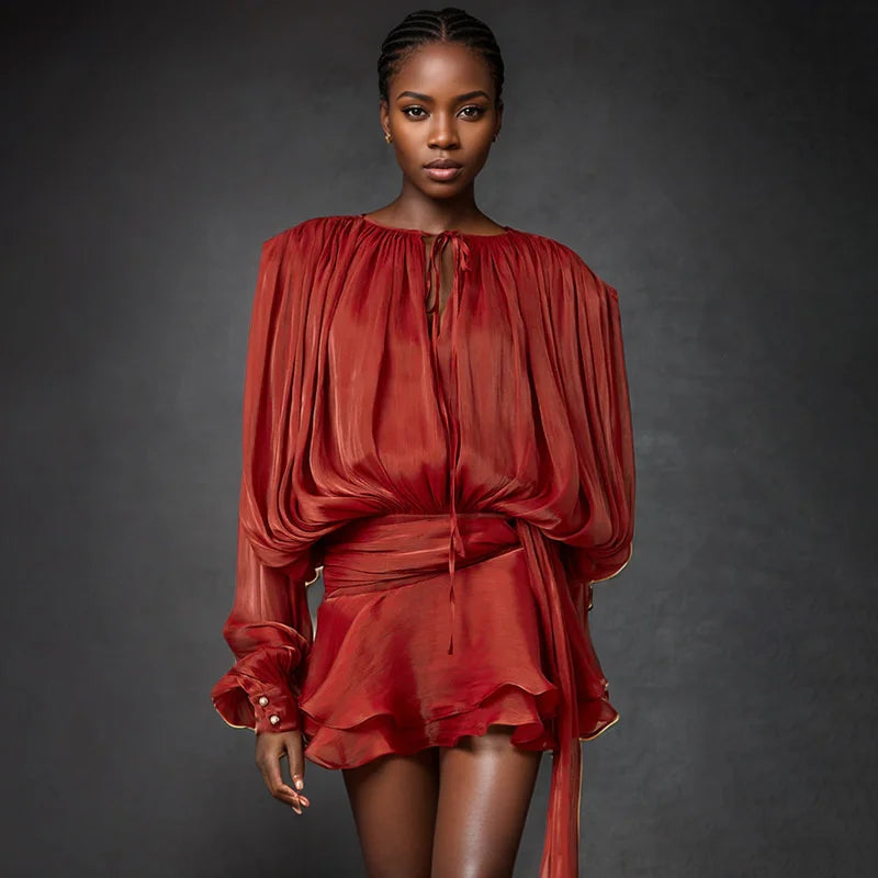 2025 Spring Solid Spliced Lace Up Loose Dresses For Women O Neck Long Sleeve High Waist Temperament Dress Female Fashion New