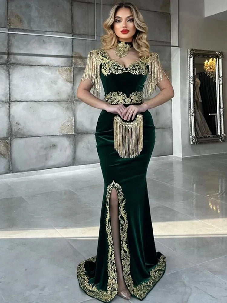 Green Velvet Moroccan Caftan Mermaid Evening Dresses High Neck Gold Emberidery Dubai Saudi Arabic Caftan Prom Gowns 2023