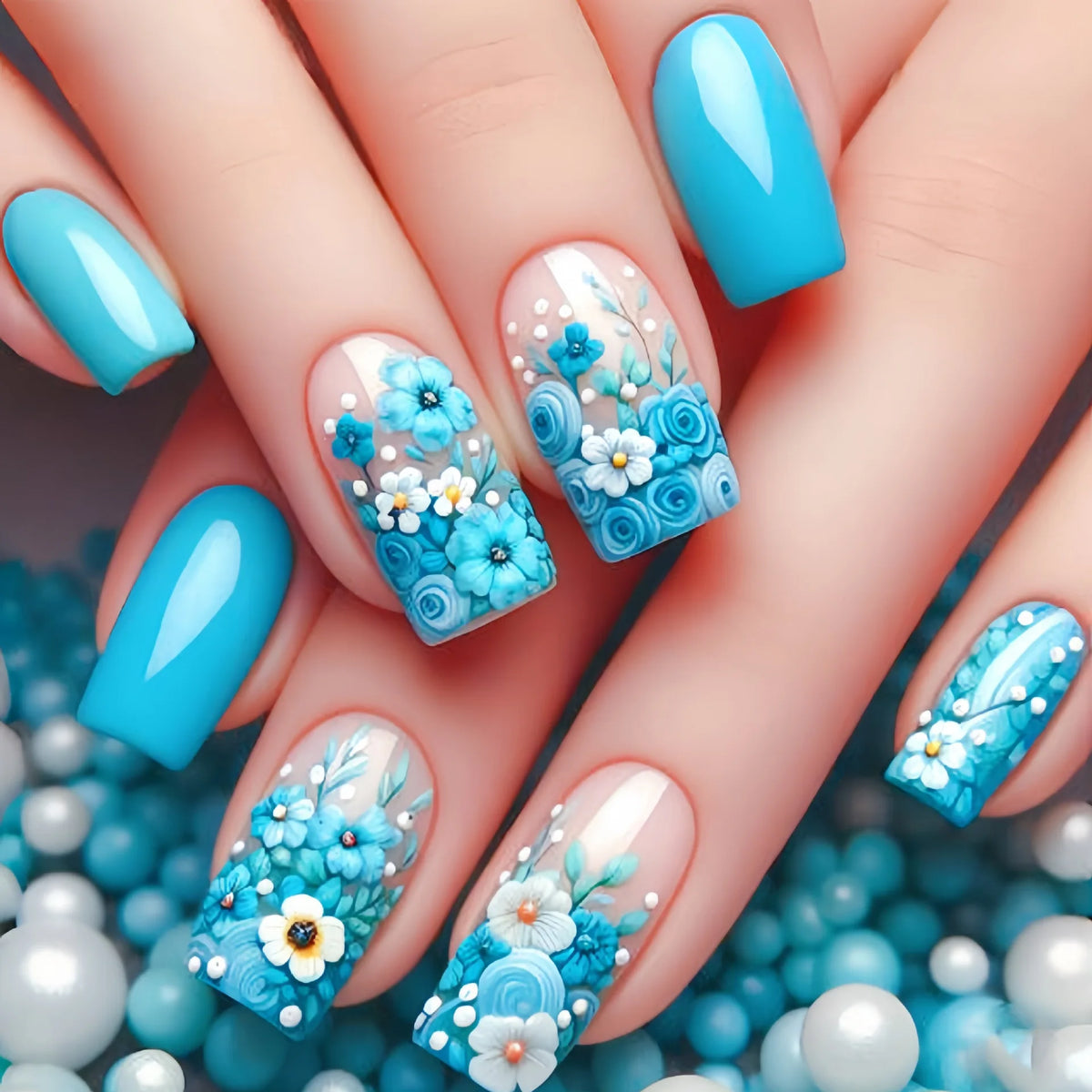24Pcs Mid-length Square Fake Nails Patch with Plant Flower Pattern False Nails Blue Fashion Removable Nail Tips Finished Summer