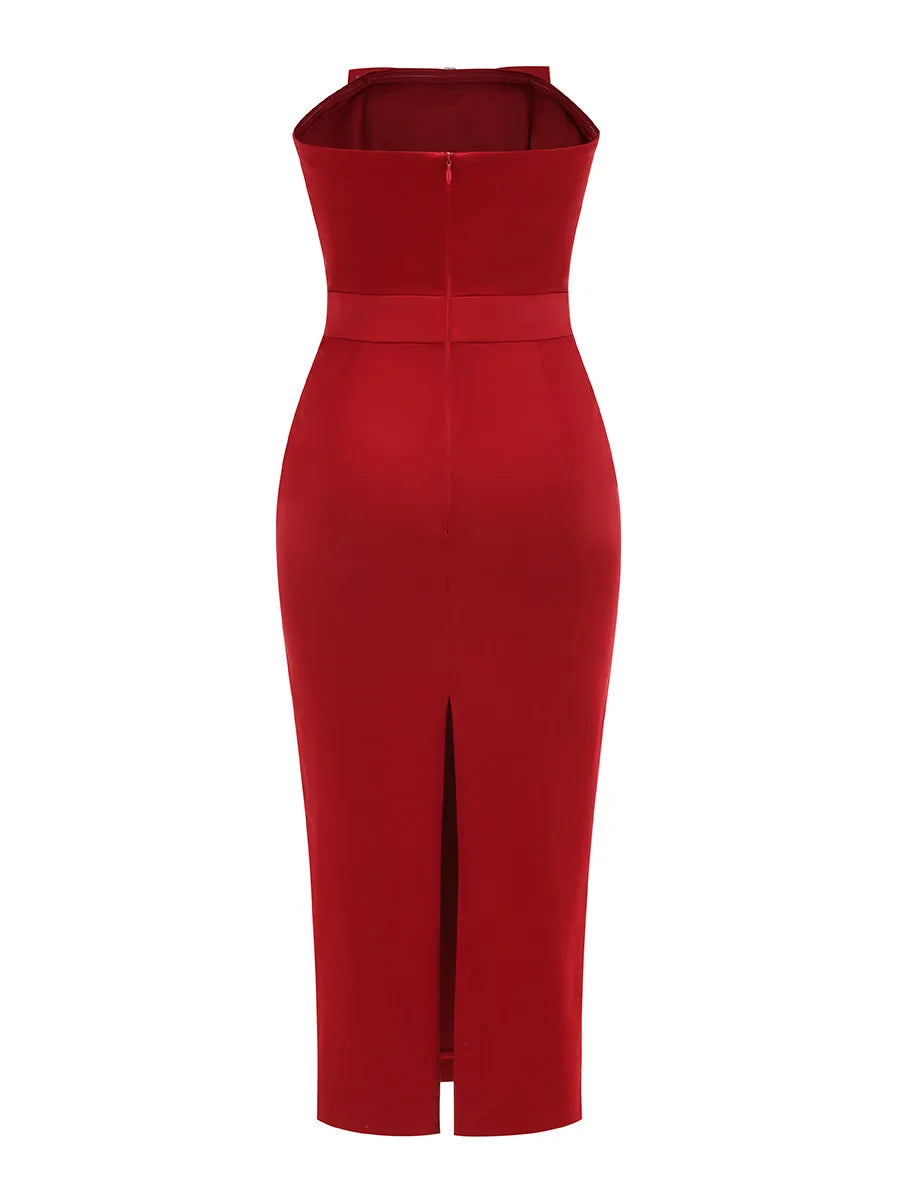 New Arrival Women Sexy Strapless Bow Bodycon Mid-calf Dress Celebrate Birthday Party Date Cocktail Outfit High Quality