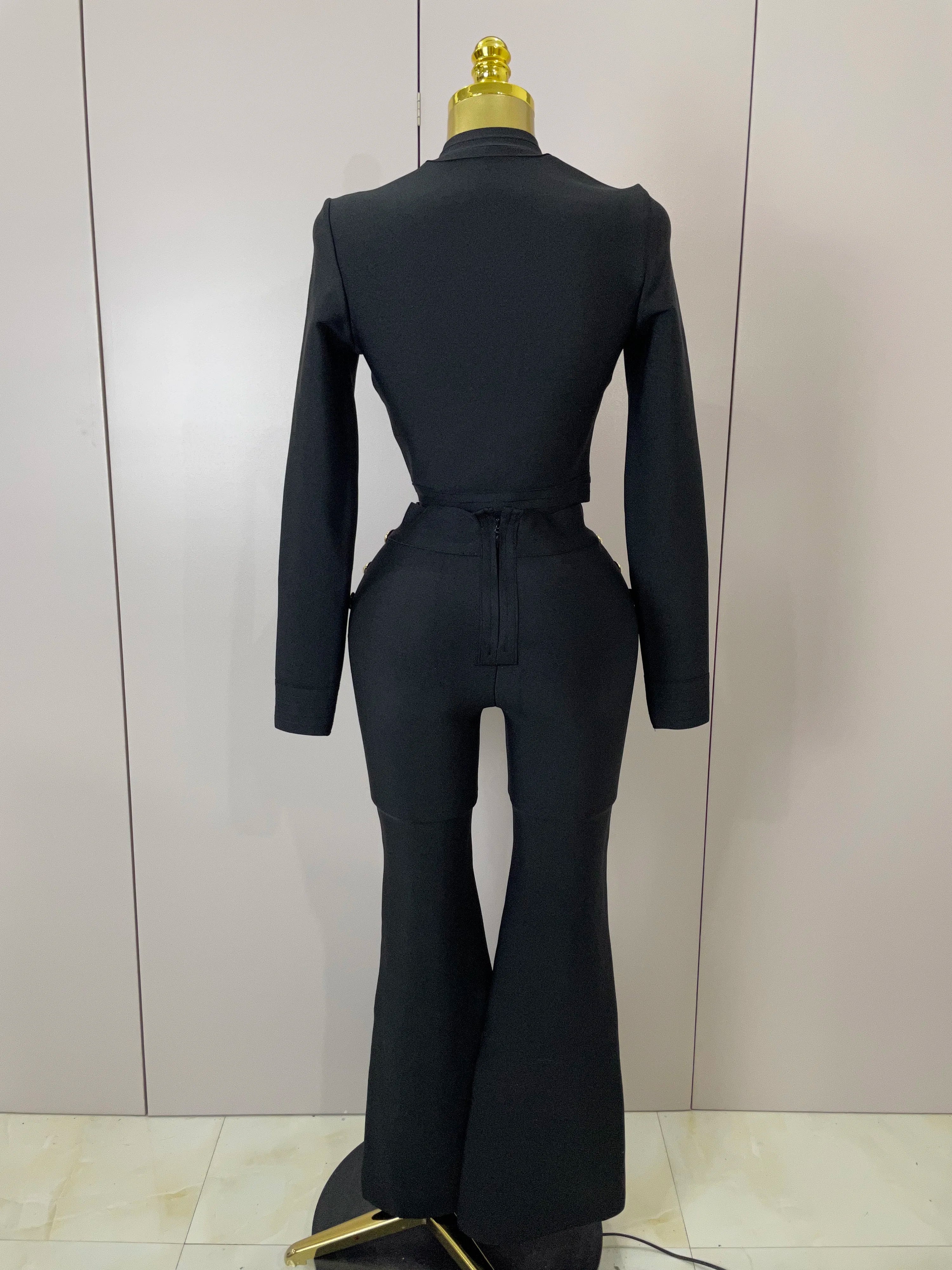 2025 New High Quality Golden Buttons Short Coat Top And Flare Pants  Bandage 2 Pieces Set Woman Celebrity Evening Party Vestidos