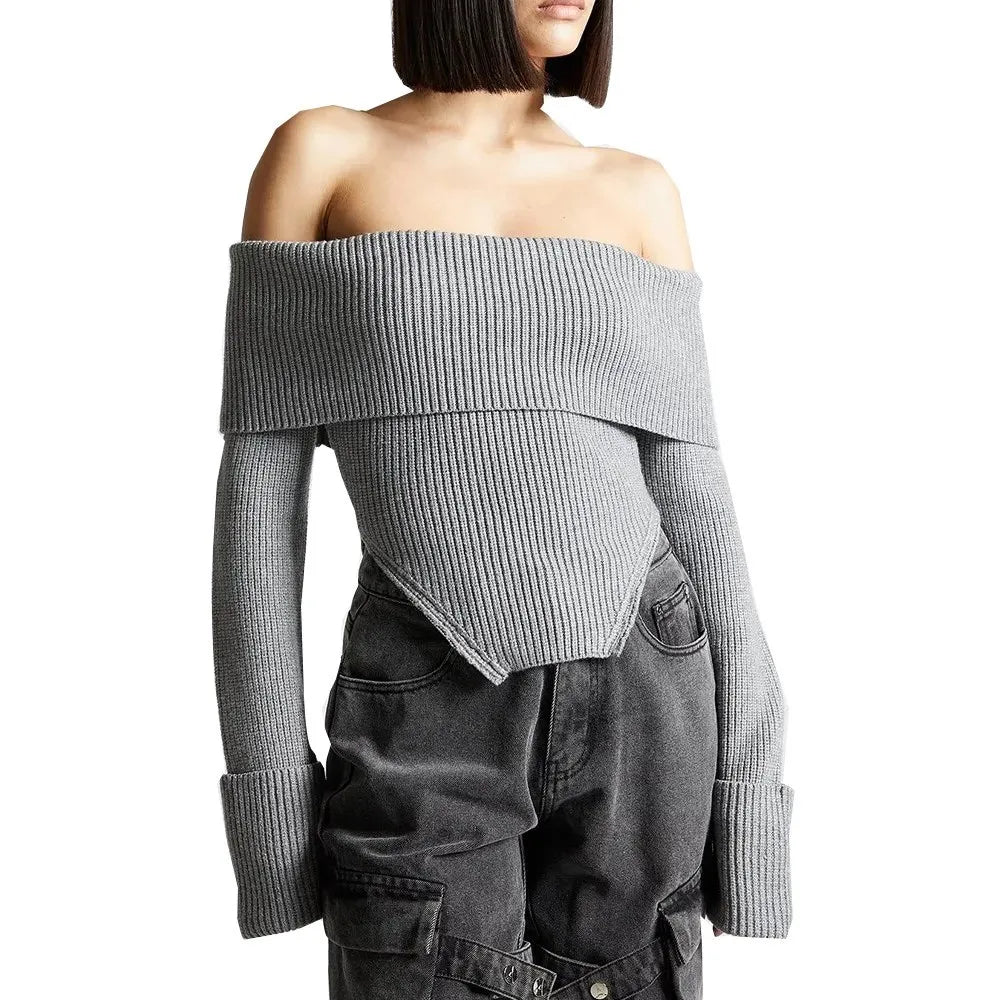 TWOTWINSTYLE Solid Temperament Sweaters For Women Slash Neck Long Sleeve Tunic Irregular Minimalist Sweater Female Fashion Style
