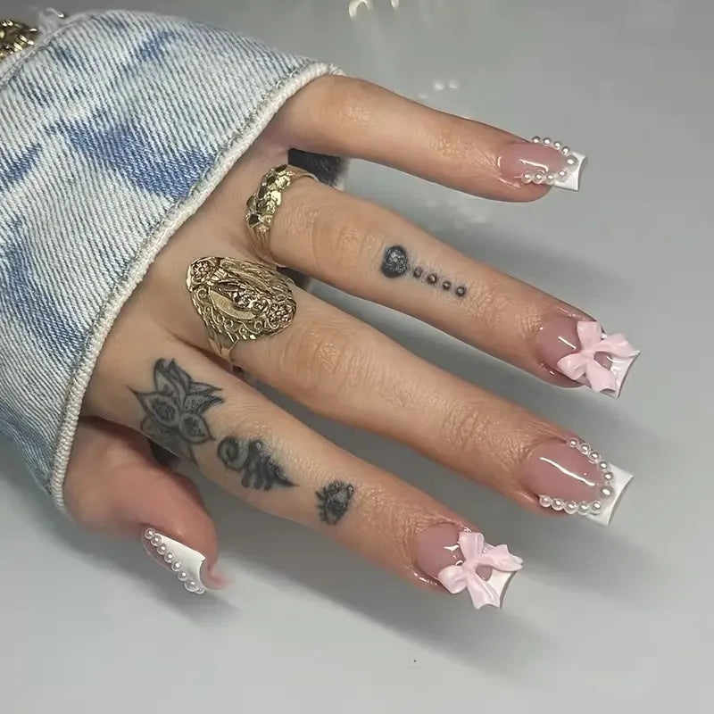 Black French Tips Press on Nails 3D White Bowknot Alloy Stars Designs Fake Nails Ballet Charms False Nails Korean Manicure 24Pcs