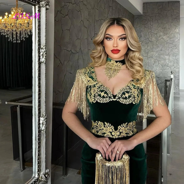 Green Velvet Moroccan Caftan Mermaid Evening Dresses High Neck Gold Embroidery Dubai Saudi Arabic Caftan Prom Gowns 2023