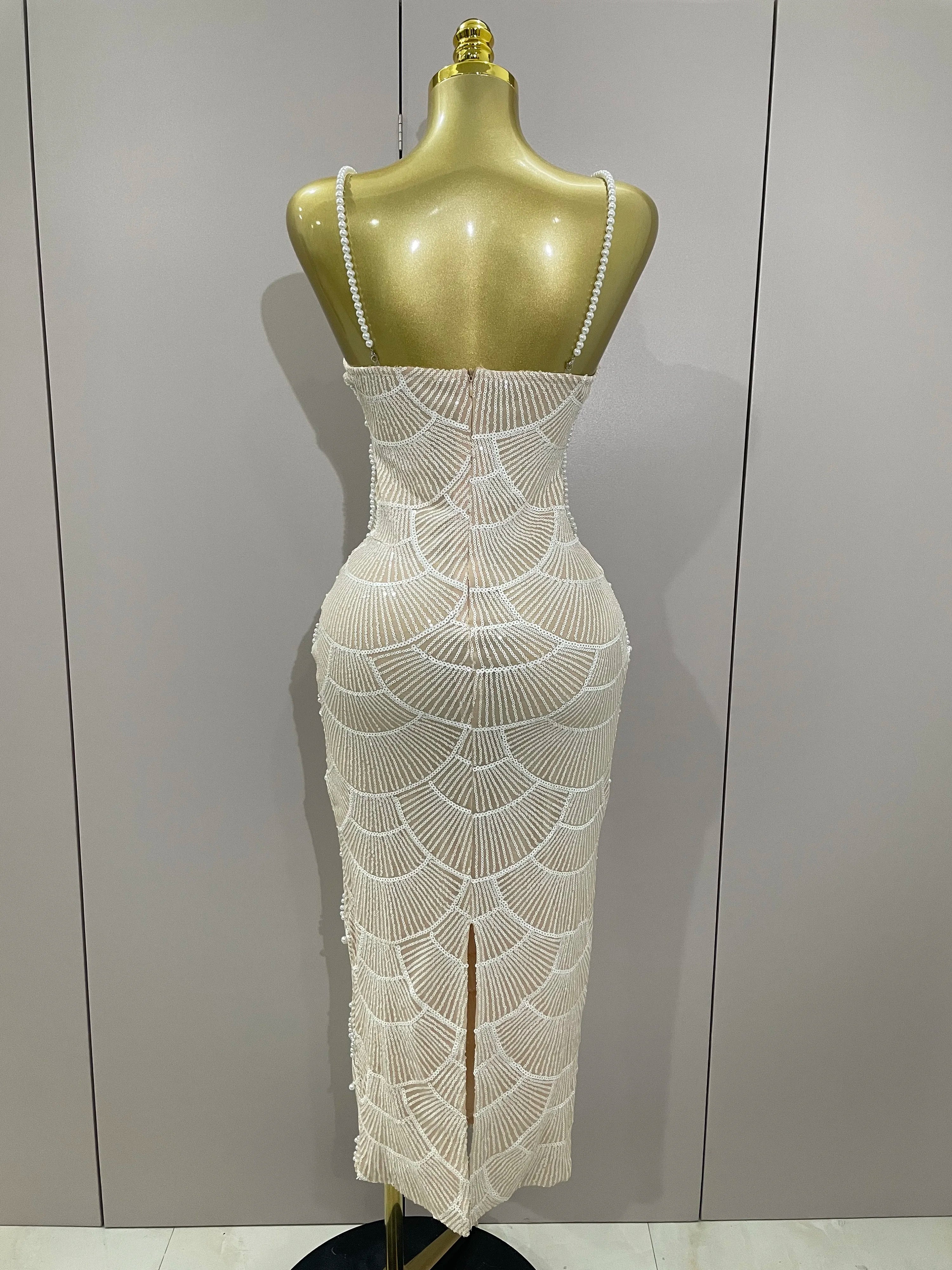 Women Hot Sale Sleeveless Sexy Strap Pearl Beading Sequins Bodycon Long Dress Celebrate Evening Party Birthday Outfit Vestido