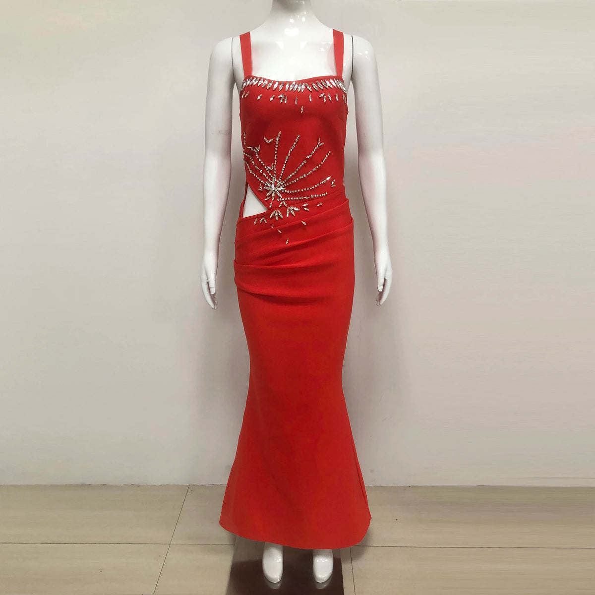 2025 New Fashion Women Sleeveless Sexy Square Collar Shinning Crystal Bodycon Long Bandage Dress Celebrate Evening Party Outfit
