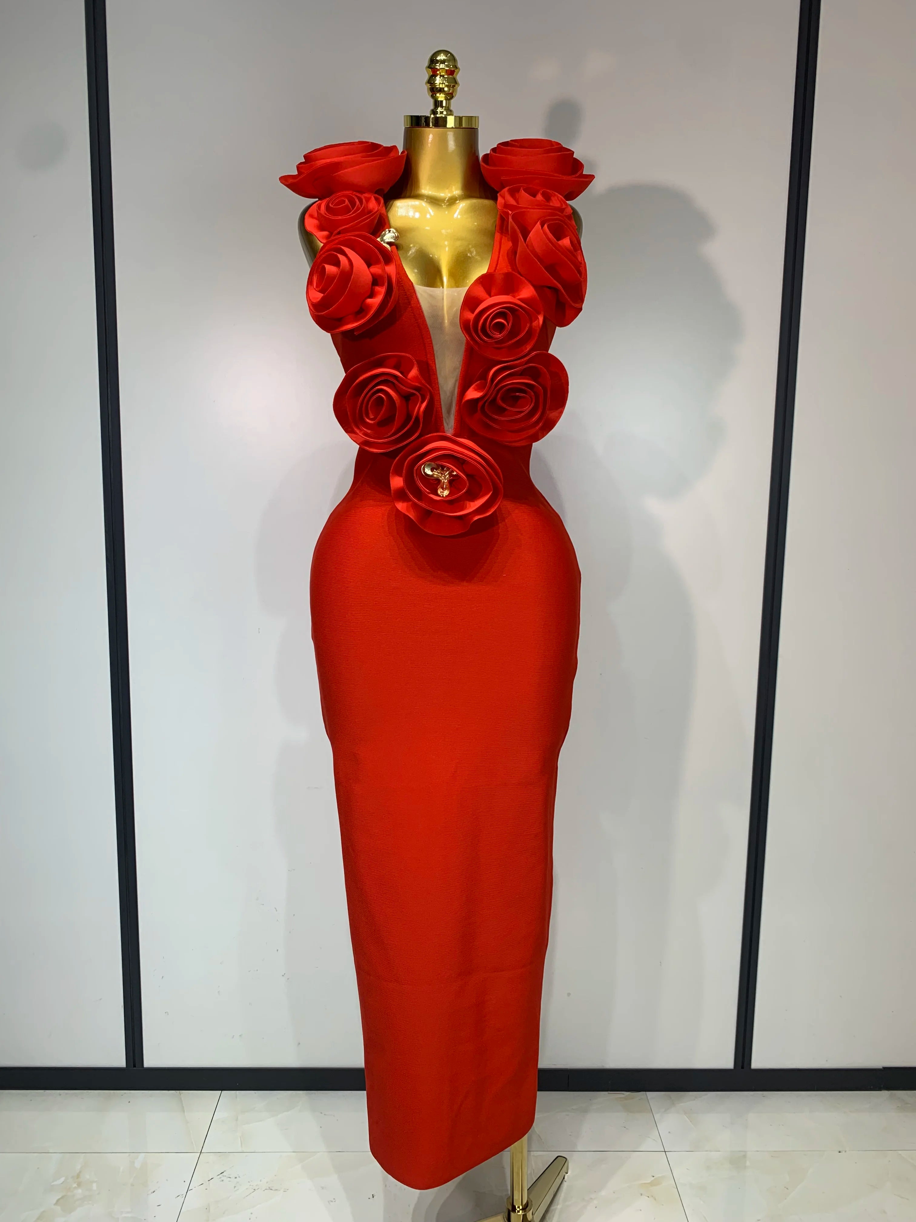 Fashion Black 3D Flower Bodycon Long Bandage Dress Celebrity Elegant Party Birthday Dress Women's Sleeveless Sexy Vestidos