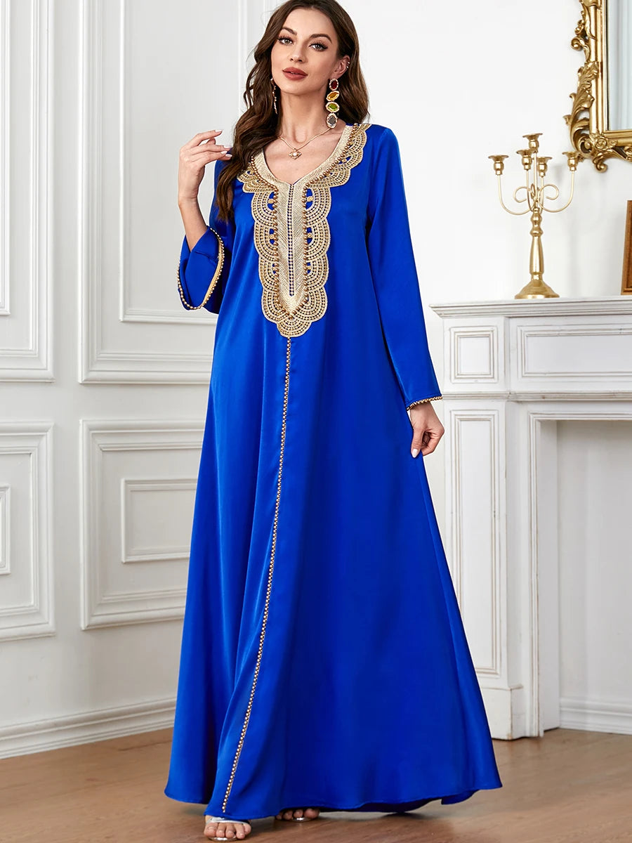 Abayah For Women 2023 Dubai Chic Solid Beading Full Sleeve V-Neck Elegant Moroccan Turkey Long Dress Female Blue Dress