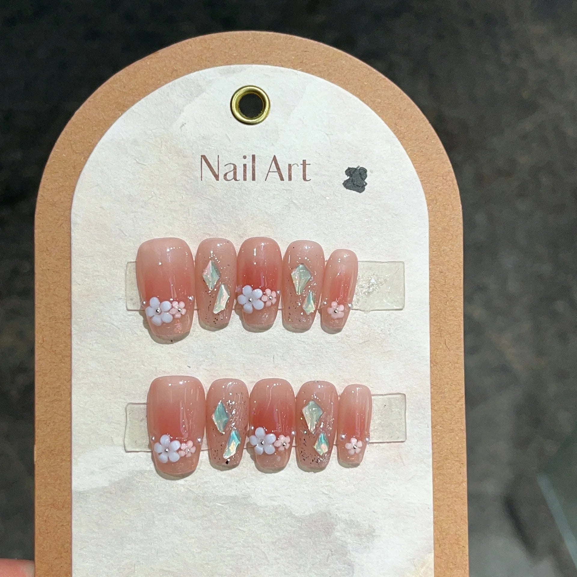 10Pcs Sweet Ballerina Handmade False Nails with Shiny Diamond Cloisonne Nail Art 3D Cute Floral Pink Blush Fake Nail Acrylic Tip