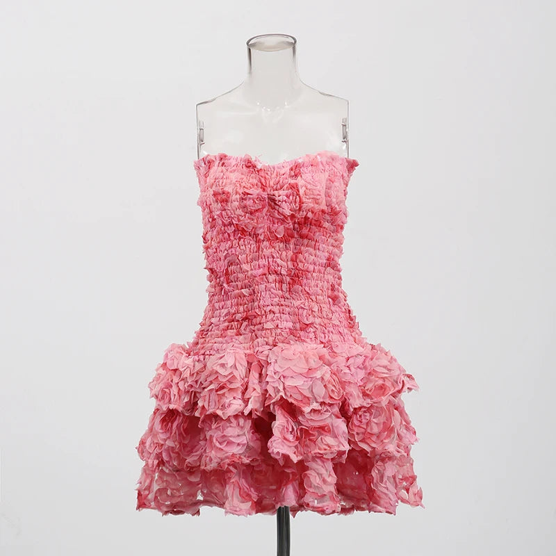 TWOTWINSTYLE Colorblock Fashion Temperament Dresses for Women Strapless Sleeveless Patchwork 3D Flowers Dress Female Clothing