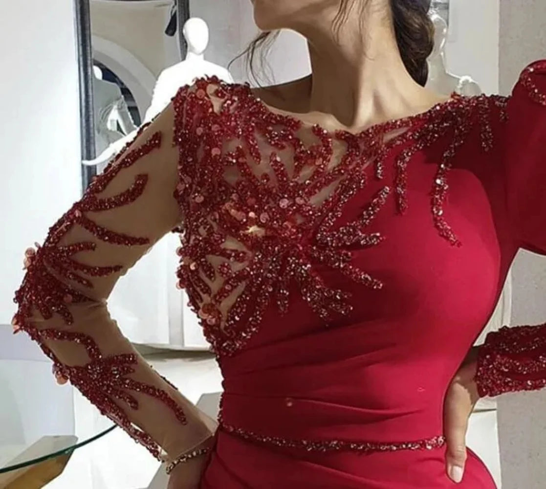 Vestido de noche de lujo con baile de sirena, calcomanía brillante con cuello redondo, manga larga, tren de barrido sexy, bata de mujer con abertura lateral de cristal con cuentas