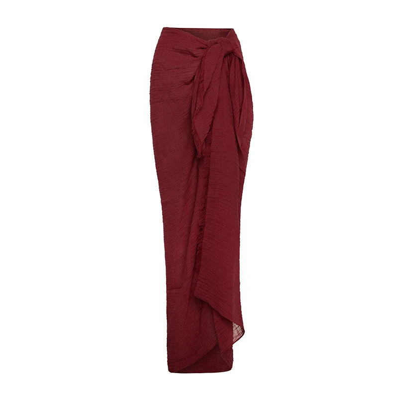 Beach Cotton Line Long Skirt Set For Women Brown Lace Up Cardigan High Slit Knot Skirts Summer 2 Pieces Vacation Beach Outfits