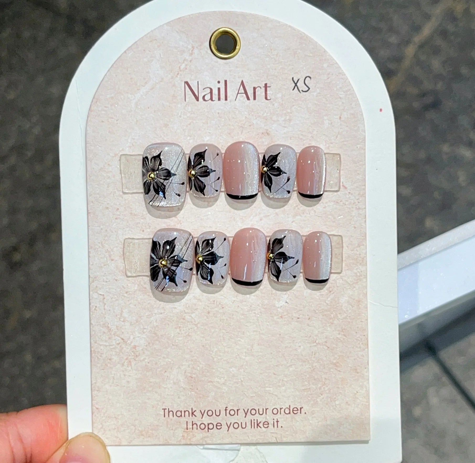 10Pcs Short Square Shimmery Rose Handmade False Nail Lovely Cat Eye Gel Nails with Glue Pearl French Press on Nail Manicure Tips