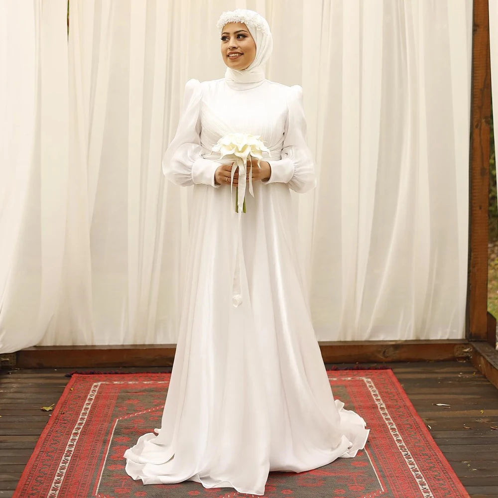 A-Line Hijab Wedding Dress Vintage Off White Chiffon Muslim Wedding Gowns Trouwjurk Long Bridal Dresses with Veils