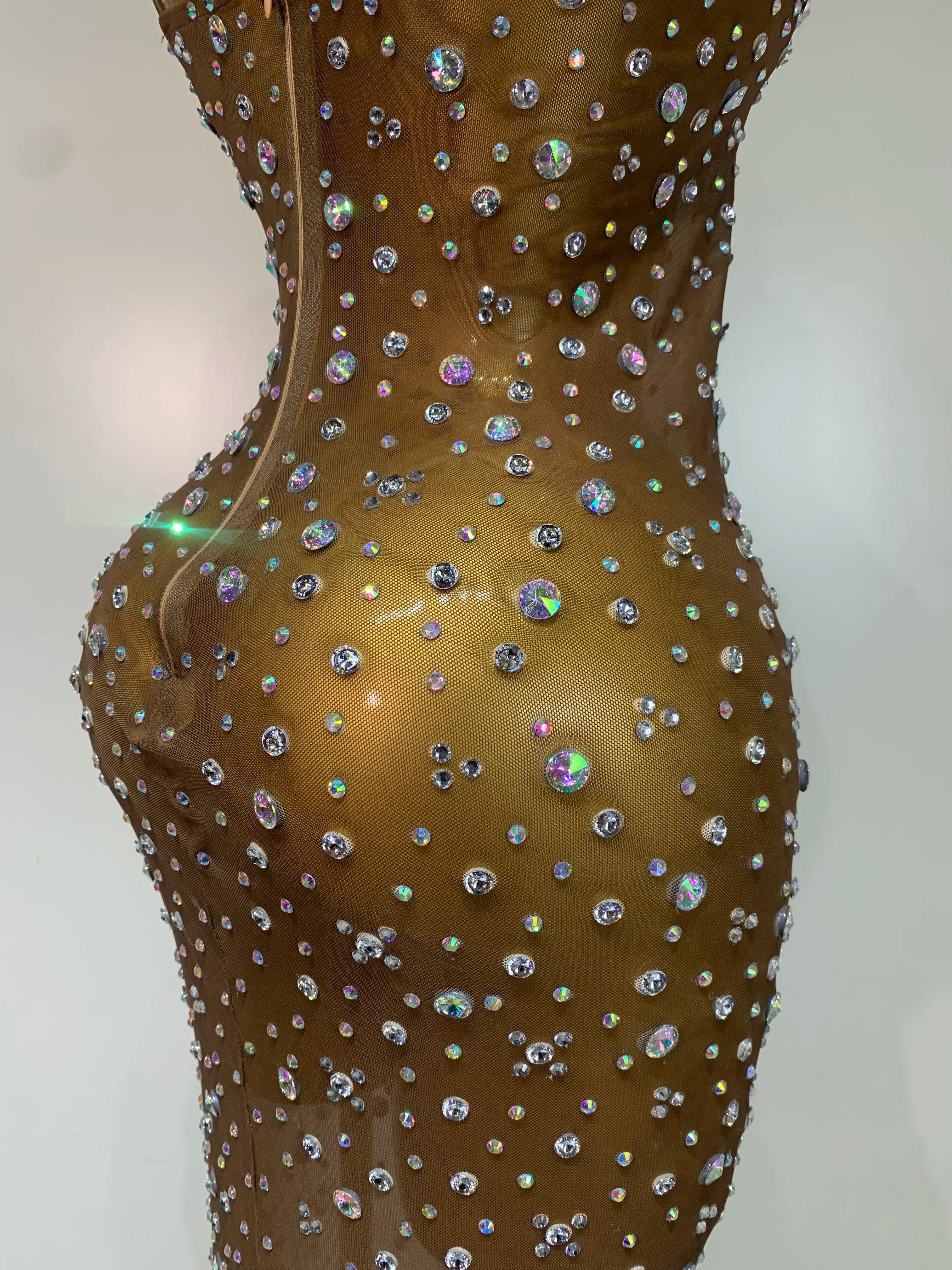 Sparkly Rhinestone Stretchy Mesh See Through Dress Women 2025 Performance Dancer Costume Luxury Birthday Nightclub Stage Outfit