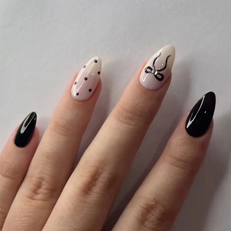 Almond Fake Nails Nude Color Press on Nails Bowknot Designed Simple Wearable False Nails Tips for Women DIY Manicure 24Pcs