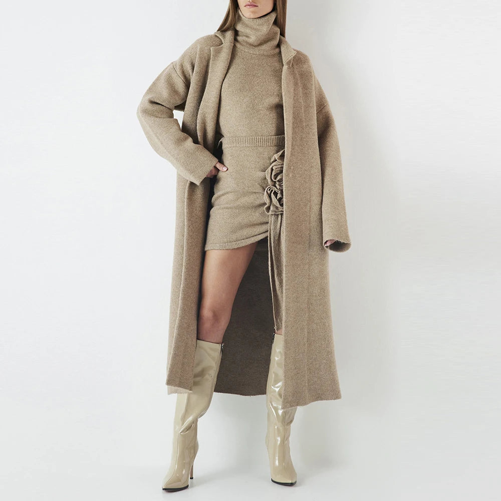 TWOTWINSTYLE Three Piece Set For Women Lapel Long Sleeve Coat High Neck Vest Fashion Spliced Ruffles Skirt Chic Sets Female New