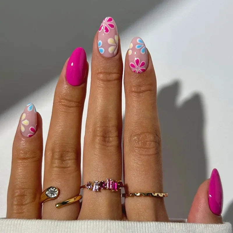 24Pcs Autumn Winter Matte Almond False Nails with Glue Rose Leaf Printing Nail Art Simple Full Cover Press on Acrylic Nails Tips