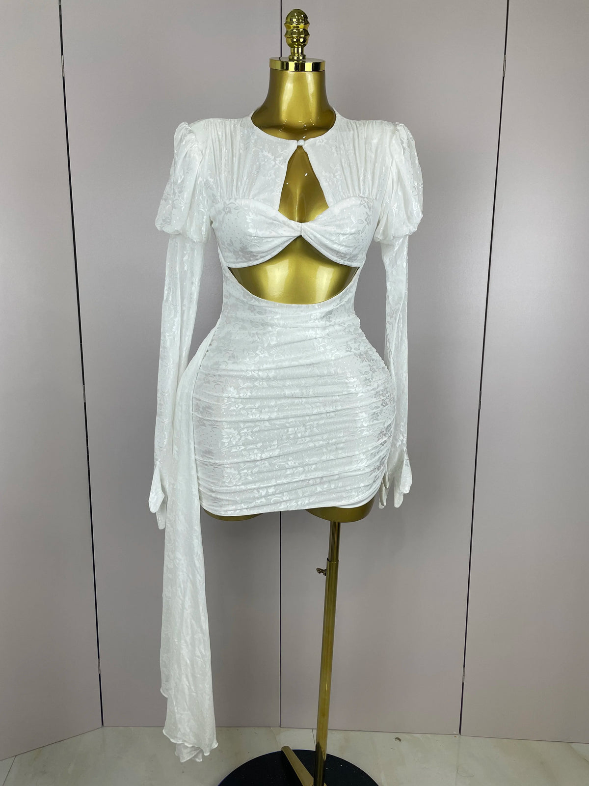 2025Women White Birthday Dress Fashion Long Sleeve O Neck Cut Out Bodycon Mini Trailing One Piece Celebrity Evening Club Dresses