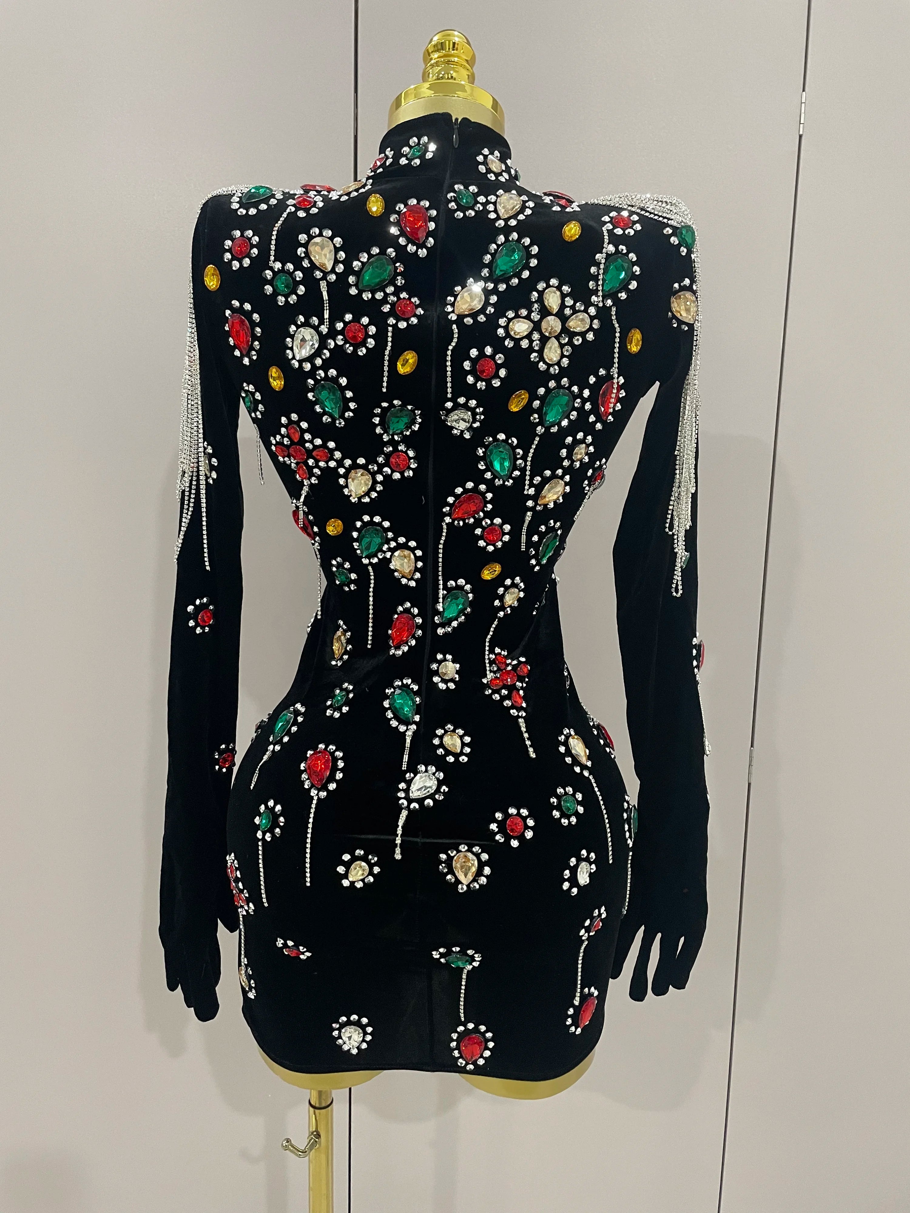 Sexy Sparkle Multicolor Rhinestones Black Velvet Gloves Slit Short Dress 2025New Women Evening Birthday Party Club Stage Costume