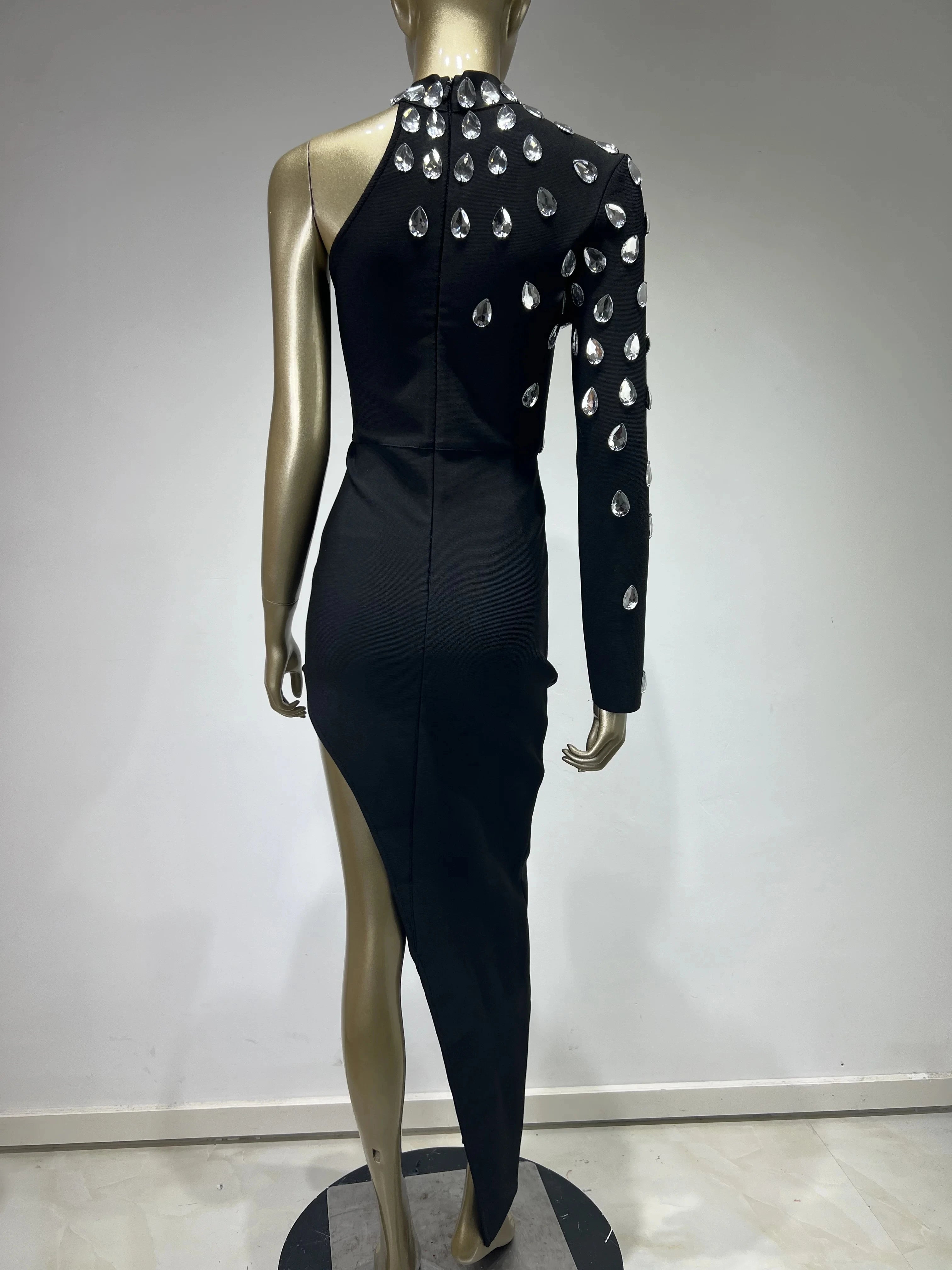 Women Celebrity Sexy Single Sleeve Rhinestone Black Maxi Long Bodycon Bandage Dress Elegant Evening Club Party Dress