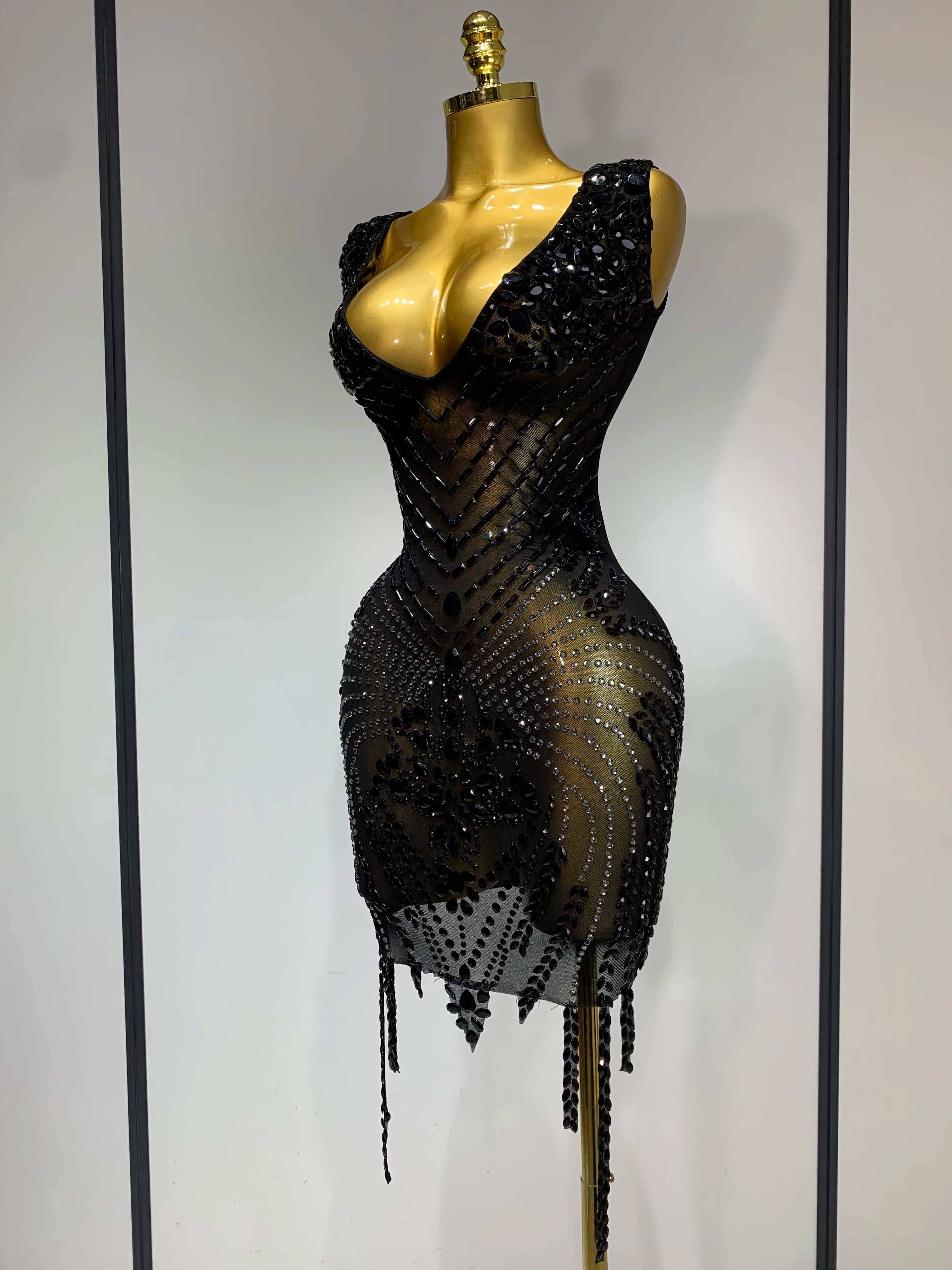 Women Sexy Stage Performance Outfit Sparkly Rhinestones Bodycon Dress Birthday Celebrate Evening Party Nightclub Mesh Dress