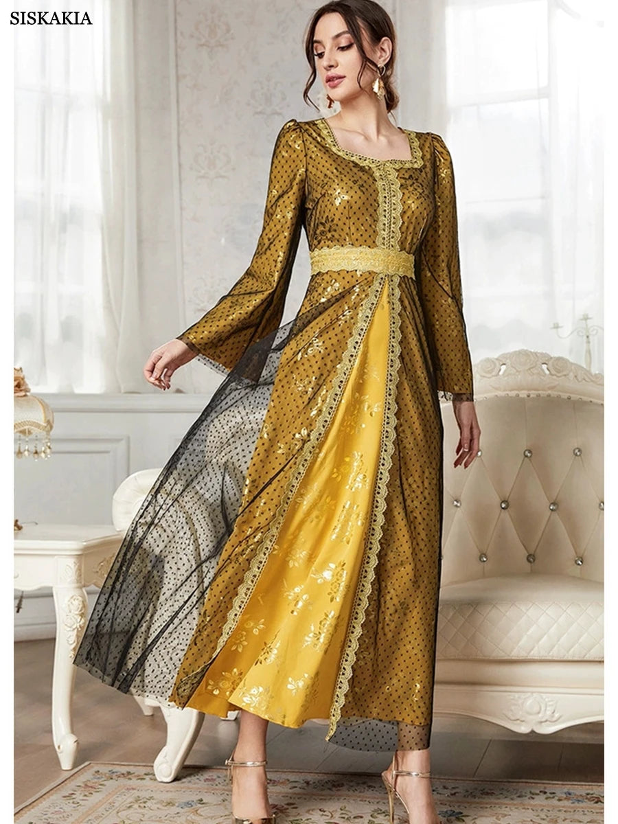 Saudi Fashion Evening Party Dress Black Mesh Long Sleeve Square Collar Elegant Outfits Floral Gold Stamping Caftan
