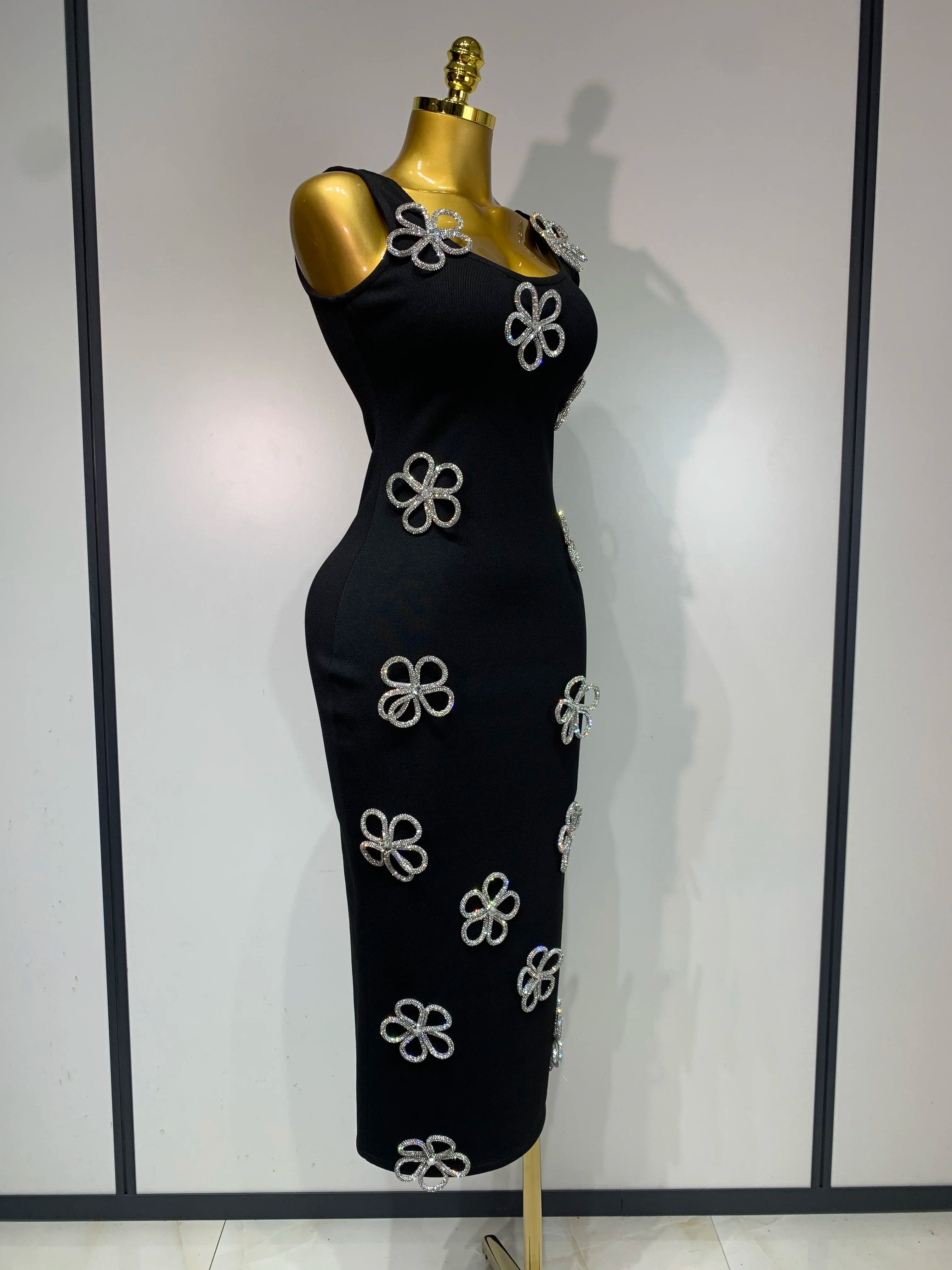 Women Celebrity Sexy Diamonds Flower Black Long Bodycon Bandage Dress 2025 Elegant Evening Club Party Luxury Birthday Dresses