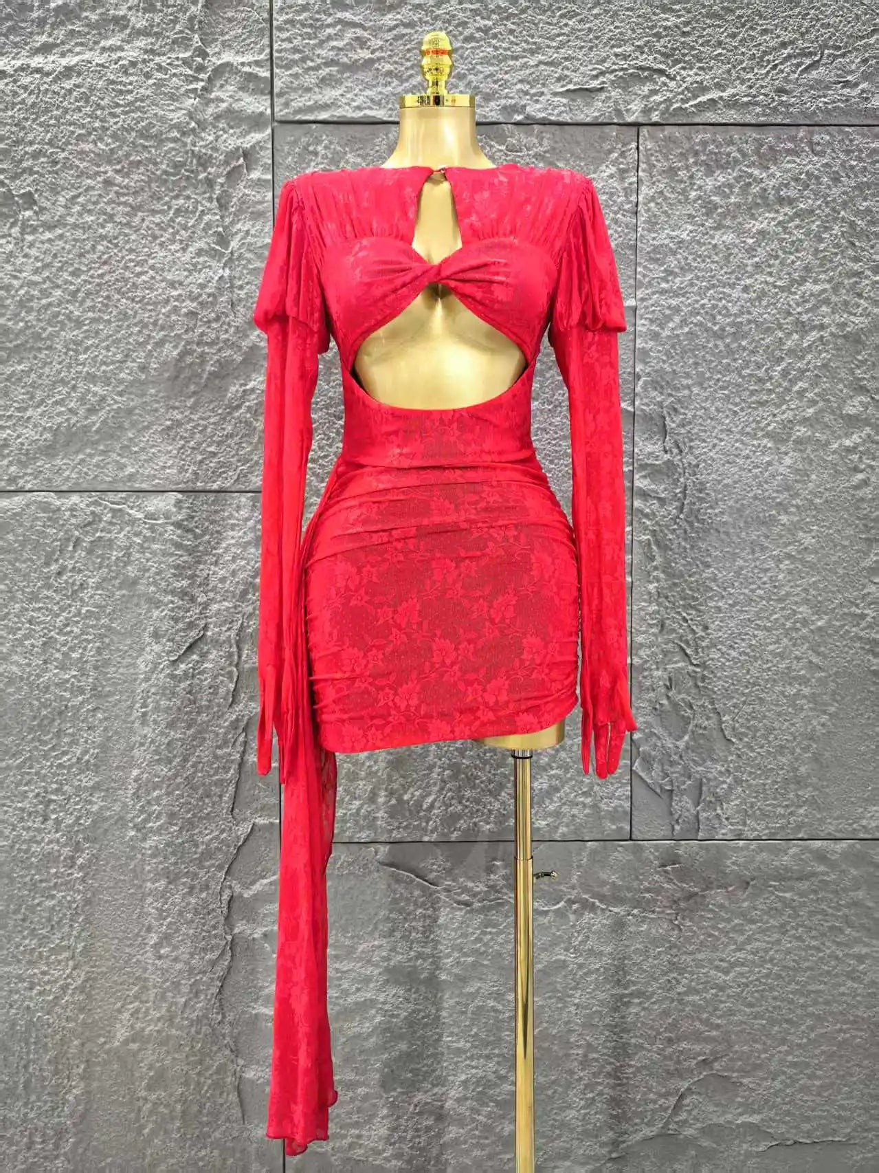 Red Color Christmas Style Women Long Sleeve Sexy Keyholes Bodycon Mini Dress Nightclub Party Celebrate Wedding Outfit