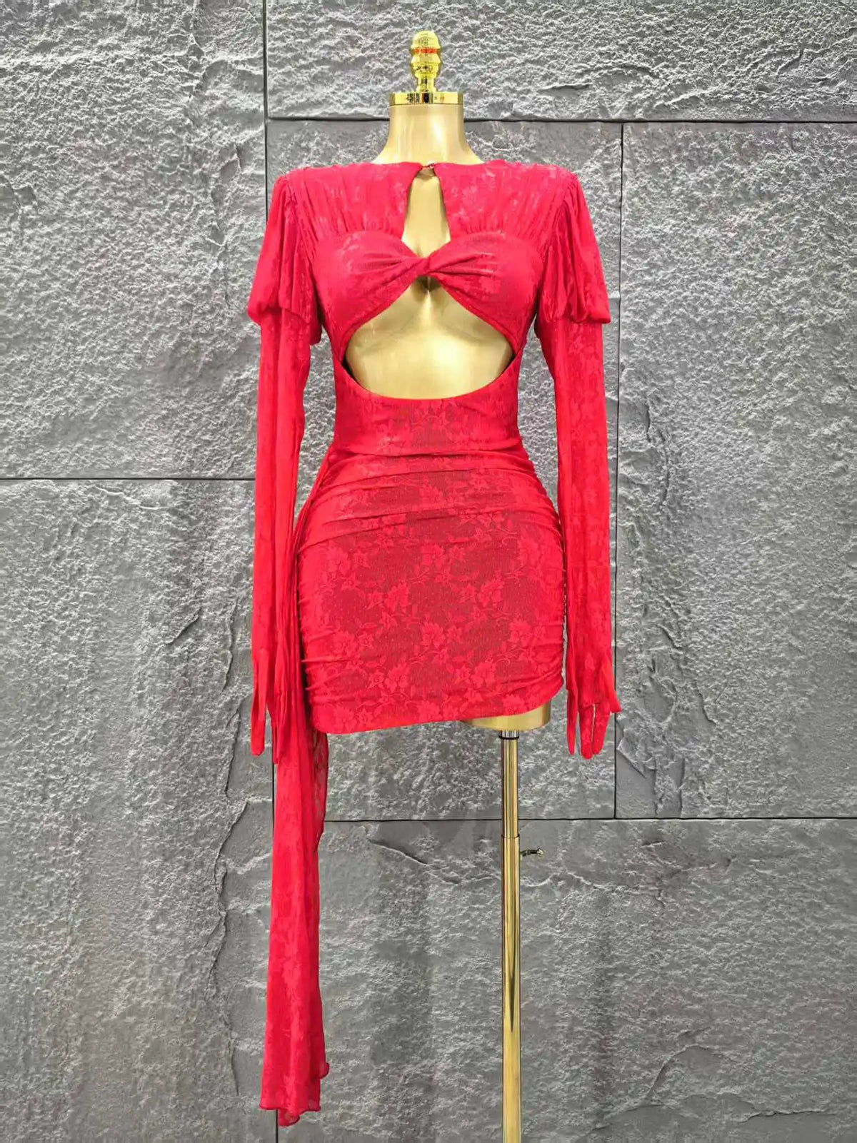 Red Color Christmas Style Women Long Sleeve Sexy Keyholes Bodycon Mini Dress Nightclub Party Celebrate Wedding Outfit