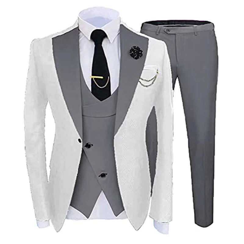 Slim Fit Formal Men Suits for Wedding with Wide Notched Lapel 3 Pieces Groom Tuxedo Male Fashion Jacket Vest Pants 2022 White and Grey