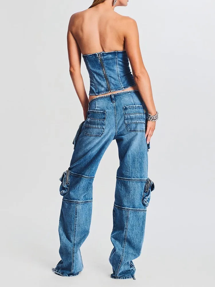 TWOTWINSTYLE Denim Vintage Two Piece Sets For Women Strapless Sleeveless Tops High Waist Spliced Pockets Pant Casual Set Female