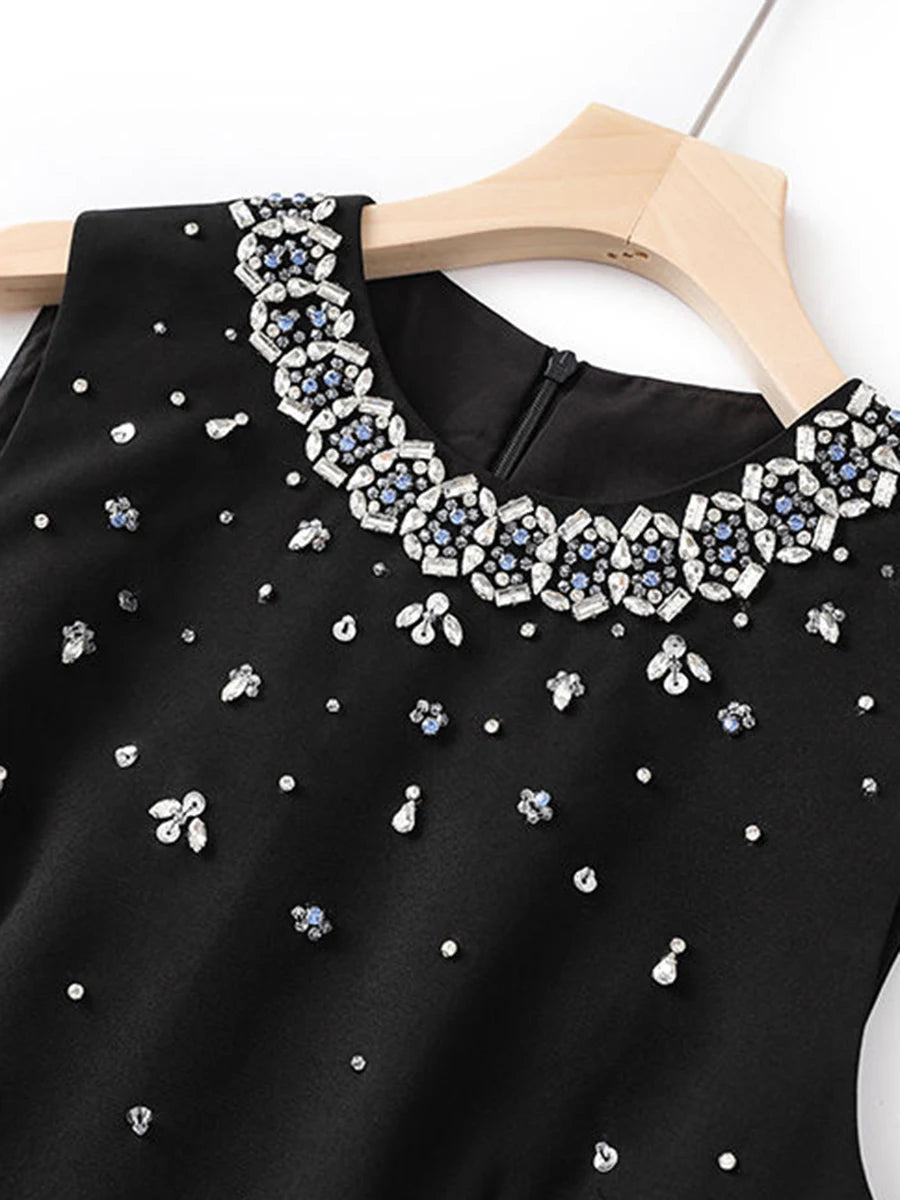 TWOTWINSTYLE Solid Slimming Spliced Bead Luxurious Mini Dresses for Women Round Neck Sleeveless Temperament Dress Female Fashion