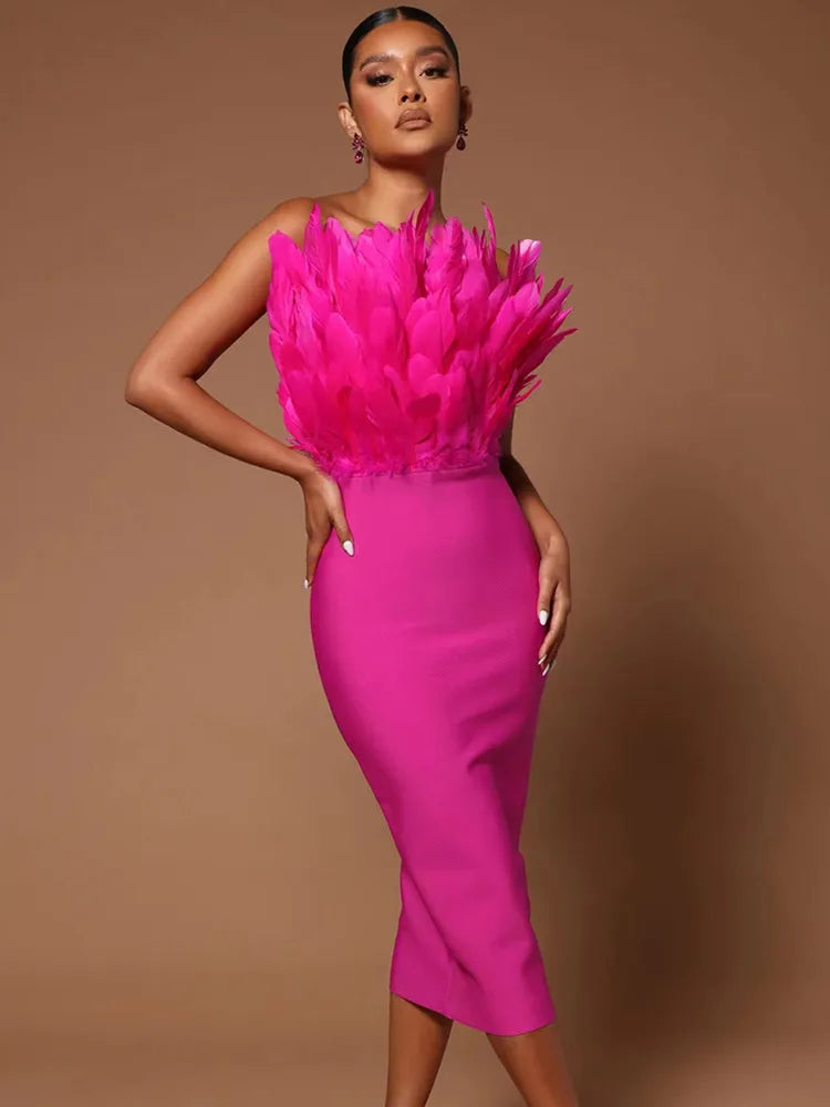 Summer Fashion Women Sexy Strapless Backless Brown Hot Pink Feather Bodycon Bandage Dress Elegant Evening Club Party Dress