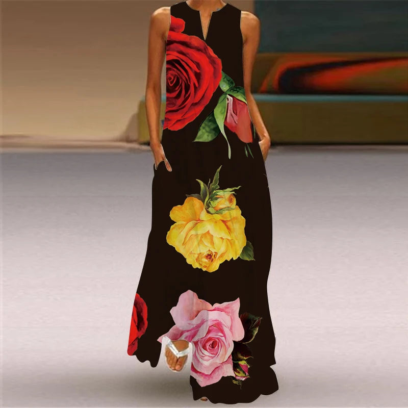 Fashionable Women's Hollow V-neck Maxi Dress Fresh Flower Print Sleeveless Loose Straight Beach Seaside Vacation Long Dress
