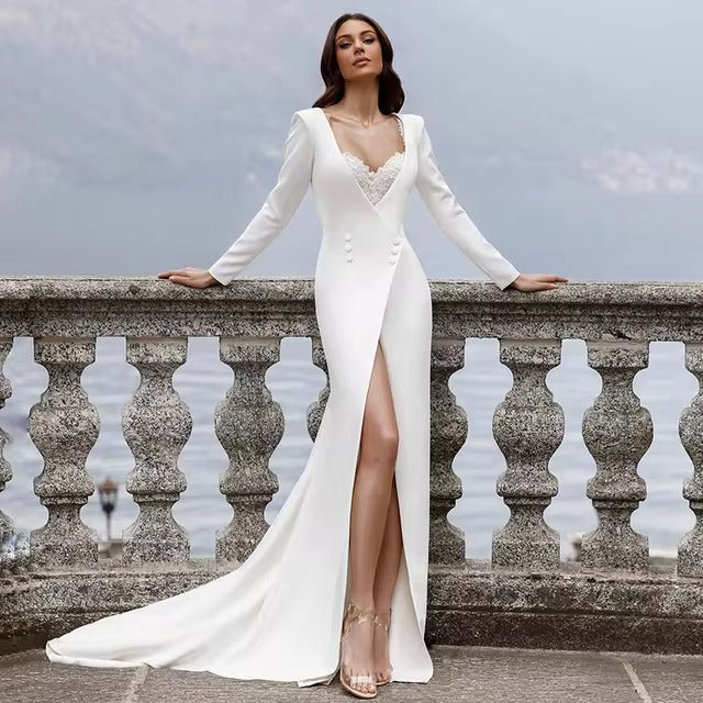 Vestidos de novia bohemios de lujo para mujer, vestidos de sirena sexis musulmanes con cuello en V y abertura lateral, vestidos de novia elegantes formales de satén de manga larga 