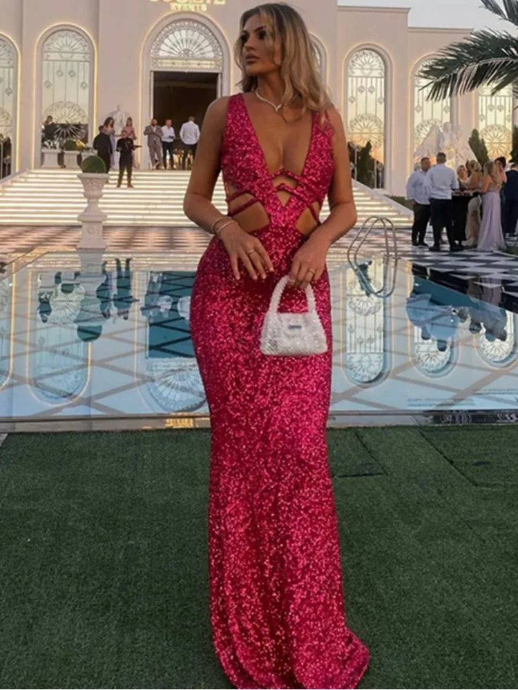 Women Luxury Sexy V Neck Cut Out Red Sequins Maxi Long Gowns Dress 2024 Elegant Evening Party Club Dress Vestido