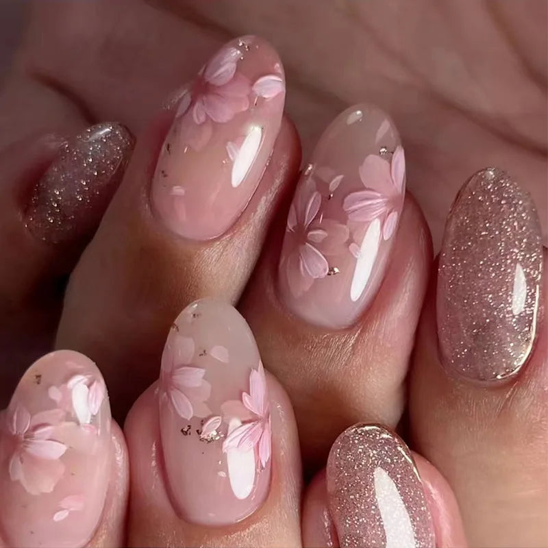 24Pcs Autumn Winter Matte Almond False Nails with Glue Rose Leaf Printing Nail Art Simple Full Cover Press on Acrylic Nails Tips